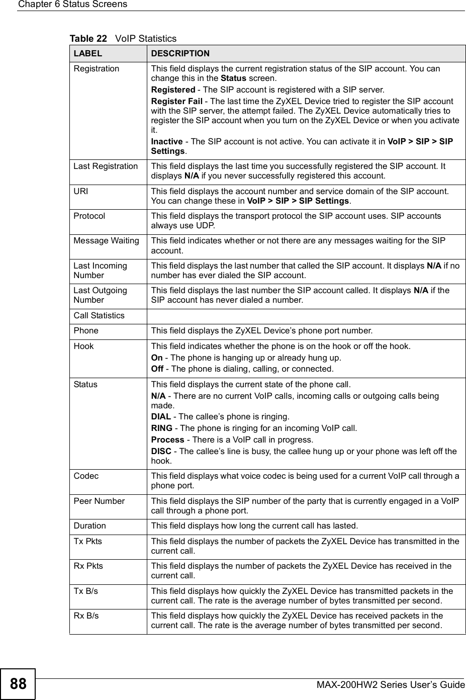Chapter 6Status ScreensMAX-200HW2 Series User s Guide88RegistrationThis field displays the current registration status of the SIP account. You can change this in the Status screen.Registered - The SIP account is registered with a SIP server.Register Fail - The last time the ZyXEL Device tried to register the SIP account with the SIP server, the attempt failed. The ZyXEL Device automatically tries to register the SIP account when you turn on the ZyXEL Device or when you activate it.Inactive - The SIP account is not active. You can activate it in VoIP &gt; SIP &gt; SIP Settings.Last RegistrationThis field displays the last time you successfully registered the SIP account. It displays N/A if you never successfully registered this account.URIThis field displays the account number and service domain of the SIP account. You can change these in VoIP &gt; SIP &gt; SIP Settings.ProtocolThis field displays the transport protocol the SIP account uses. SIP accounts always use UDP.Message WaitingThis field indicates whether or not there are any messages waiting for the SIP account.Last Incoming NumberThis field displays the last number that called the SIP account. It displays N/A if no number has ever dialed the SIP account.Last Outgoing NumberThis field displays the last number the SIP account called. It displays N/A if the SIP account has never dialed a number.Call StatisticsPhoneThis field displays the ZyXEL Device s phone port number.HookThis field indicates whether the phone is on the hook or off the hook.On - The phone is hanging up or already hung up.Off - The phone is dialing, calling, or connected.StatusThis field displays the current state of the phone call.N/A - There are no current VoIP calls, incoming calls or outgoing calls being made.DIAL - The callee s phone is ringing.RING - The phone is ringing for an incoming VoIP call.Process - There is a VoIP call in progress.DISC - The callee s line is busy, the callee hung up or your phone was left off the hook.CodecThis field displays what voice codec is being used for a current VoIP call through a phone port.Peer NumberThis field displays the SIP number of the party that is currently engaged in a VoIP call through a phone port.DurationThis field displays how long the current call has lasted.Tx PktsThis field displays the number of packets the ZyXEL Device has transmitted in the current call.Rx PktsThis field displays the number of packets the ZyXEL Device has received in the current call.Tx B/sThis field displays how quickly the ZyXEL Device has transmitted packets in the current call. The rate is the average number of bytes transmitted per second.Rx B/sThis field displays how quickly the ZyXEL Device has received packets in the current call. The rate is the average number of bytes transmitted per second.Table 22   VoIP Statistics LABEL DESCRIPTION