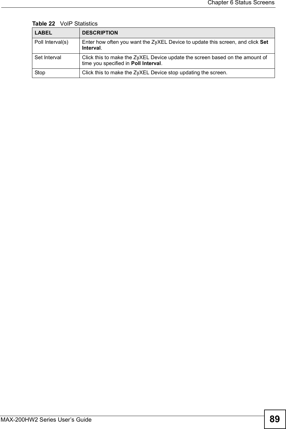  Chapter 6Status ScreensMAX-200HW2 Series User s Guide 89Poll Interval(s)Enter how often you want the ZyXEL Device to update this screen, and click SetInterval.Set IntervalClick this to make the ZyXEL Device update the screen based on the amount of time you specified in Poll Interval.StopClick this to make the ZyXEL Device stop updating the screen.Table 22   VoIP Statistics LABEL DESCRIPTION