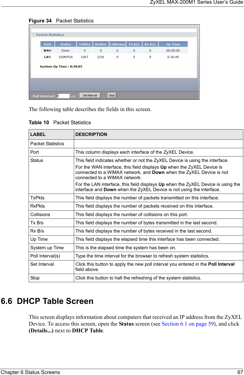ZyXEL MAX-200M1 Series User’s GuideChapter 6 Status Screens 67Figure 34   Packet StatisticsThe following table describes the fields in this screen.  6.6  DHCP Table ScreenThis screen displays information about computers that received an IP address from the ZyXEL Device. To access this screen, open the Status screen (see Section 6.1 on page 59), and click (Details...) next to DHCP Table.Table 10   Packet StatisticsLABEL DESCRIPTIONPacket StatisticsPort This column displays each interface of the ZyXEL Device.Status  This field indicates whether or not the ZyXEL Device is using the interface.For the WAN interface, this field displays Up when the ZyXEL Device is connected to a WiMAX network, and Down when the ZyXEL Device is not connected to a WiMAX network.For the LAN interface, this field displays Up when the ZyXEL Device is using the interface and Down when the ZyXEL Device is not using the interface.TxPkts  This field displays the number of packets transmitted on this interface.RxPkts  This field displays the number of packets received on this interface.Collisions This field displays the number of collisions on this port.Tx B/s  This field displays the number of bytes transmitted in the last second.Rx B/s This field displays the number of bytes received in the last second.Up Time  This field displays the elapsed time this interface has been connected. System up Time This is the elapsed time the system has been on.Poll Interval(s) Type the time interval for the browser to refresh system statistics.Set Interval Click this button to apply the new poll interval you entered in the Poll Interval field above.Stop Click this button to halt the refreshing of the system statistics.