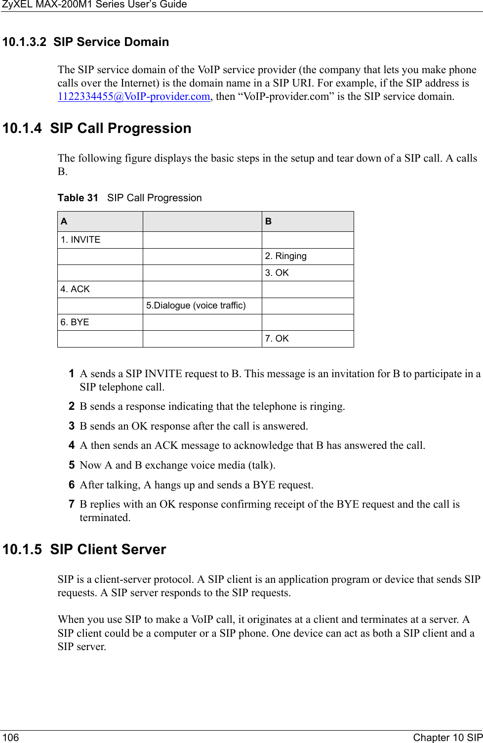 ZyXEL MAX-200M1 Series User’s Guide106 Chapter 10 SIP10.1.3.2  SIP Service DomainThe SIP service domain of the VoIP service provider (the company that lets you make phone calls over the Internet) is the domain name in a SIP URI. For example, if the SIP address is 1122334455@VoIP-provider.com, then “VoIP-provider.com” is the SIP service domain.10.1.4  SIP Call ProgressionThe following figure displays the basic steps in the setup and tear down of a SIP call. A calls B. 1A sends a SIP INVITE request to B. This message is an invitation for B to participate in a SIP telephone call. 2B sends a response indicating that the telephone is ringing.3B sends an OK response after the call is answered. 4A then sends an ACK message to acknowledge that B has answered the call. 5Now A and B exchange voice media (talk). 6After talking, A hangs up and sends a BYE request. 7B replies with an OK response confirming receipt of the BYE request and the call is terminated.10.1.5  SIP Client ServerSIP is a client-server protocol. A SIP client is an application program or device that sends SIP requests. A SIP server responds to the SIP requests. When you use SIP to make a VoIP call, it originates at a client and terminates at a server. A SIP client could be a computer or a SIP phone. One device can act as both a SIP client and a SIP server. Table 31   SIP Call ProgressionA B1. INVITE2. Ringing3. OK4. ACK 5.Dialogue (voice traffic)6. BYE7. OK