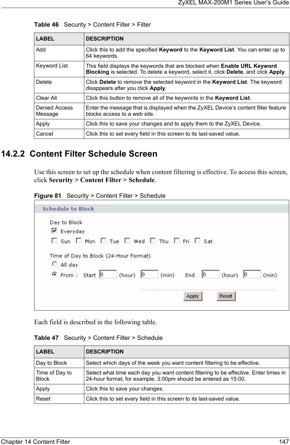 ZyXEL MAX-200M1 Series User’s GuideChapter 14 Content Filter 14714.2.2  Content Filter Schedule ScreenUse this screen to set up the schedule when content filtering is effective. To access this screen, click Security &gt; Content Filter &gt; Schedule.Figure 81   Security &gt; Content Filter &gt; ScheduleEach field is described in the following table.Add Click this to add the specified Keyword to the Keyword List. You can enter up to 64 keywords.Keyword List This field displays the keywords that are blocked when Enable URL Keyword Blocking is selected. To delete a keyword, select it, click Delete, and click Apply.Delete Click Delete to remove the selected keyword in the Keyword List. The keyword disappears after you click Apply.Clear All Click this button to remove all of the keywords in the Keyword List.Denied Access MessageEnter the message that is displayed when the ZyXEL Device’s content filter feature blocks access to a web site.Apply Click this to save your changes and to apply them to the ZyXEL Device.Cancel Click this to set every field in this screen to its last-saved value.Table 46   Security &gt; Content Filter &gt; FilterLABEL DESCRIPTIONTable 47   Security &gt; Content Filter &gt; ScheduleLABEL DESCRIPTIONDay to Block Select which days of the week you want content filtering to be effective.Time of Day to BlockSelect what time each day you want content filtering to be effective. Enter times in 24-hour format; for example, 3:00pm should be entered as 15:00.Apply Click this to save your changes.Reset Click this to set every field in this screen to its last-saved value.
