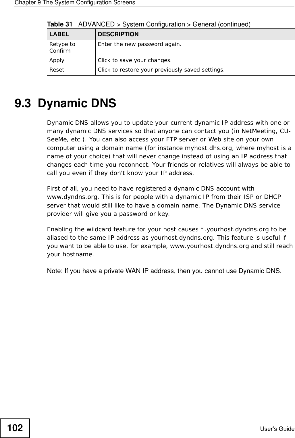 Chapter 9 The System Configuration ScreensUser’s Guide1029.3  Dynamic DNSDynamic DNS allows you to update your current dynamic IP address with one or many dynamic DNS services so that anyone can contact you (in NetMeeting, CU-SeeMe, etc.). You can also access your FTP server or Web site on your own computer using a domain name (for instance myhost.dhs.org, where myhost is a name of your choice) that will never change instead of using an IP address that changes each time you reconnect. Your friends or relatives will always be able to call you even if they don&apos;t know your IP address.First of all, you need to have registered a dynamic DNS account with www.dyndns.org. This is for people with a dynamic IP from their ISP or DHCP server that would still like to have a domain name. The Dynamic DNS service provider will give you a password or key.Enabling the wildcard feature for your host causes *.yourhost.dyndns.org to be aliased to the same IP address as yourhost.dyndns.org. This feature is useful if you want to be able to use, for example, www.yourhost.dyndns.org and still reach your hostname.Note: If you have a private WAN IP address, then you cannot use Dynamic DNS.Retype to Confirm Enter the new password again.Apply Click to save your changes.Reset Click to restore your previously saved settings.Table 31   ADVANCED &gt; System Configuration &gt; General (continued)LABEL DESCRIPTION