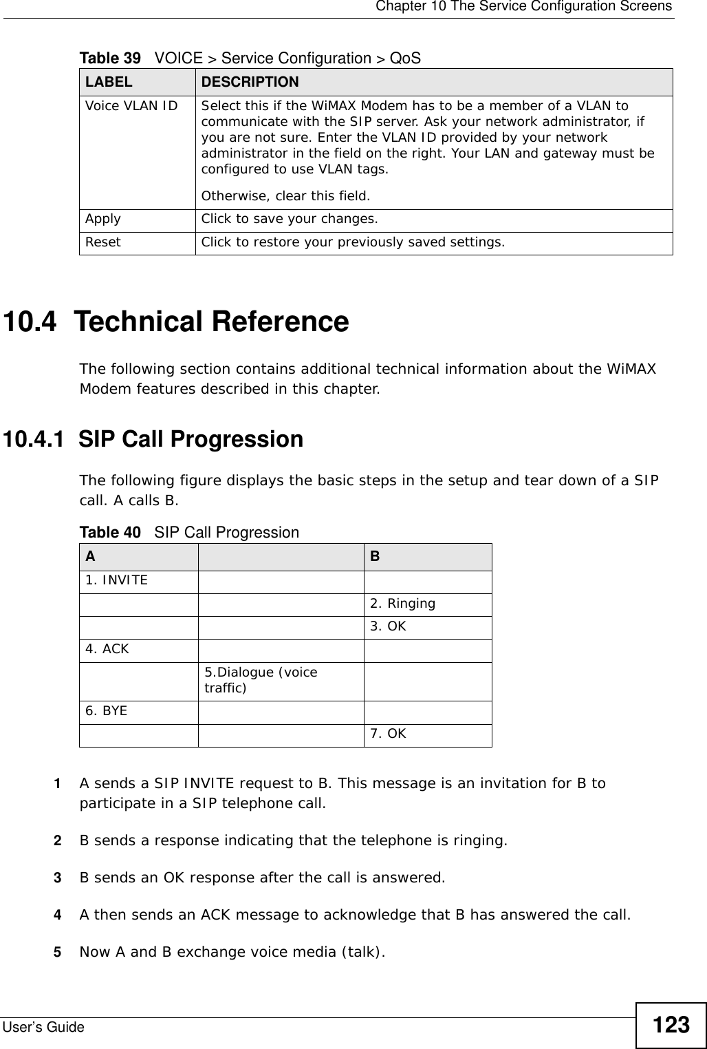  Chapter 10 The Service Configuration ScreensUser’s Guide 12310.4  Technical ReferenceThe following section contains additional technical information about the WiMAX Modem features described in this chapter.10.4.1  SIP Call ProgressionThe following figure displays the basic steps in the setup and tear down of a SIP call. A calls B. 1A sends a SIP INVITE request to B. This message is an invitation for B to participate in a SIP telephone call. 2B sends a response indicating that the telephone is ringing.3B sends an OK response after the call is answered. 4A then sends an ACK message to acknowledge that B has answered the call. 5Now A and B exchange voice media (talk). Voice VLAN ID Select this if the WiMAX Modem has to be a member of a VLAN to communicate with the SIP server. Ask your network administrator, if you are not sure. Enter the VLAN ID provided by your network administrator in the field on the right. Your LAN and gateway must be configured to use VLAN tags.Otherwise, clear this field.Apply Click to save your changes.Reset Click to restore your previously saved settings.Table 39   VOICE &gt; Service Configuration &gt; QoSLABEL DESCRIPTIONTable 40   SIP Call ProgressionA B1. INVITE2. Ringing3. OK4. ACK 5.Dialogue (voice traffic)6. BYE7. OK