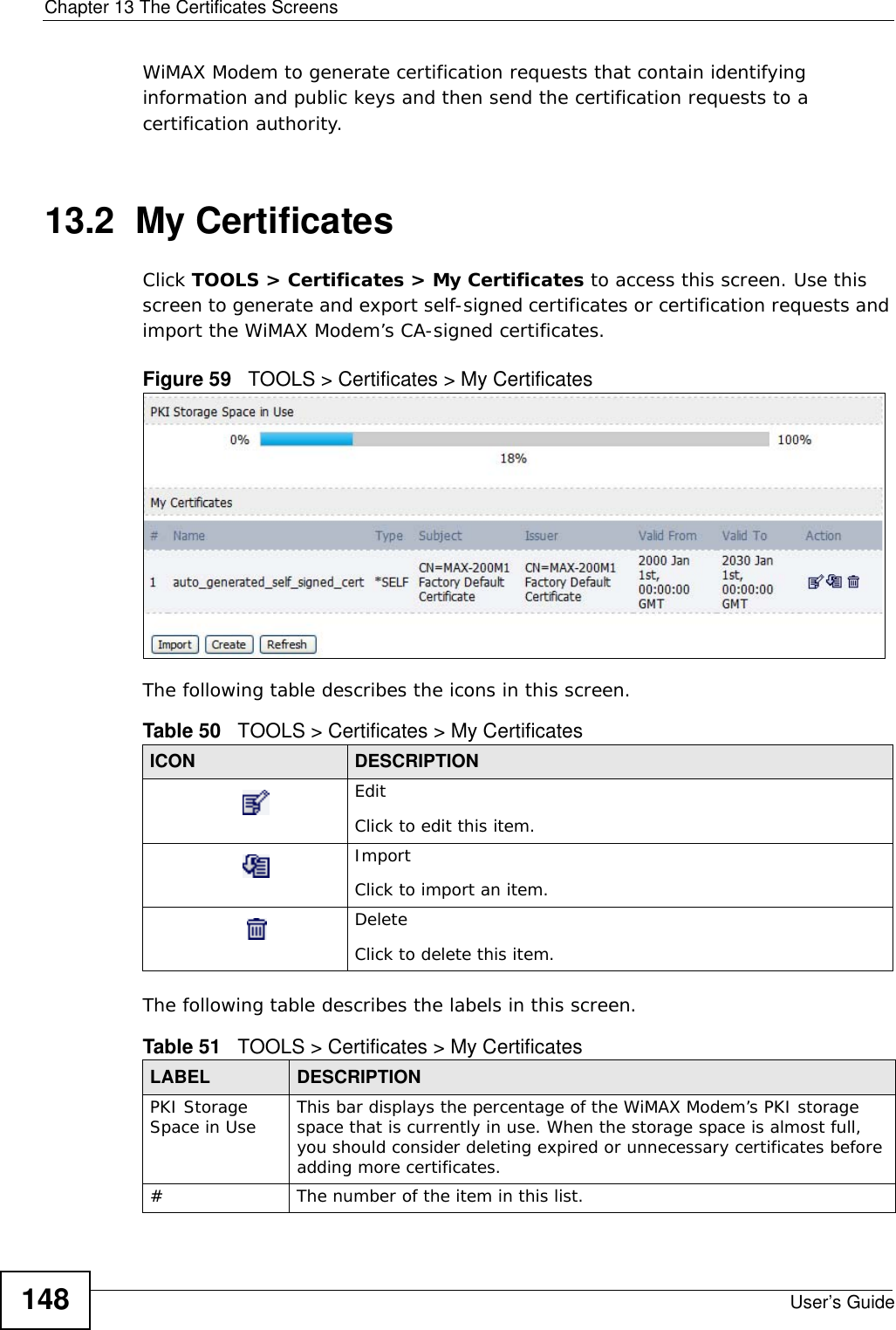 Chapter 13 The Certificates ScreensUser’s Guide148WiMAX Modem to generate certification requests that contain identifying information and public keys and then send the certification requests to a certification authority. 13.2  My CertificatesClick TOOLS &gt; Certificates &gt; My Certificates to access this screen. Use this screen to generate and export self-signed certificates or certification requests and import the WiMAX Modem’s CA-signed certificates.Figure 59   TOOLS &gt; Certificates &gt; My Certificates      The following table describes the icons in this screen.The following table describes the labels in this screen. Table 50   TOOLS &gt; Certificates &gt; My CertificatesICON DESCRIPTIONEditClick to edit this item.ImportClick to import an item.DeleteClick to delete this item.Table 51   TOOLS &gt; Certificates &gt; My CertificatesLABEL DESCRIPTIONPKI Storage Space in Use This bar displays the percentage of the WiMAX Modem’s PKI storage space that is currently in use. When the storage space is almost full, you should consider deleting expired or unnecessary certificates before adding more certificates.# The number of the item in this list.