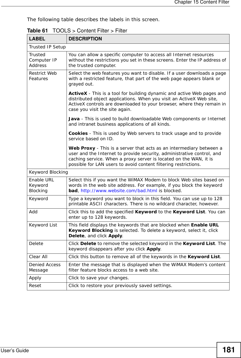  Chapter 15 Content FilterUser’s Guide 181The following table describes the labels in this screen.  Table 61   TOOLS &gt; Content Filter &gt; FilterLABEL DESCRIPTIONTrusted IP SetupTrusted Computer IP AddressYou can allow a specific computer to access all Internet resources without the restrictions you set in these screens. Enter the IP address of the trusted computer.Restrict Web Features Select the web features you want to disable. If a user downloads a page with a restricted feature, that part of the web page appears blank or grayed out.ActiveX - This is a tool for building dynamic and active Web pages and distributed object applications. When you visit an ActiveX Web site, ActiveX controls are downloaded to your browser, where they remain in case you visit the site again.Java - This is used to build downloadable Web components or Internet and intranet business applications of all kinds.Cookies - This is used by Web servers to track usage and to provide service based on ID.Web Proxy - This is a server that acts as an intermediary between a user and the Internet to provide security, administrative control, and caching service. When a proxy server is located on the WAN, it is possible for LAN users to avoid content filtering restrictions.Keyword BlockingEnable URL Keyword BlockingSelect this if you want the WiMAX Modem to block Web sites based on words in the web site address. For example, if you block the keyword bad, http://www.website.com/bad.html is blocked.Keyword Type a keyword you want to block in this field. You can use up to 128 printable ASCII characters. There is no wildcard character, however.Add Click this to add the specified Keyword to the Keyword List. You can enter up to 128 keywords.Keyword List This field displays the keywords that are blocked when Enable URL Keyword Blocking is selected. To delete a keyword, select it, click Delete, and click Apply.Delete Click Delete to remove the selected keyword in the Keyword List. The keyword disappears after you click Apply.Clear All Click this button to remove all of the keywords in the Keyword List.Denied Access Message Enter the message that is displayed when the WiMAX Modem’s content filter feature blocks access to a web site.Apply Click to save your changes.Reset Click to restore your previously saved settings.
