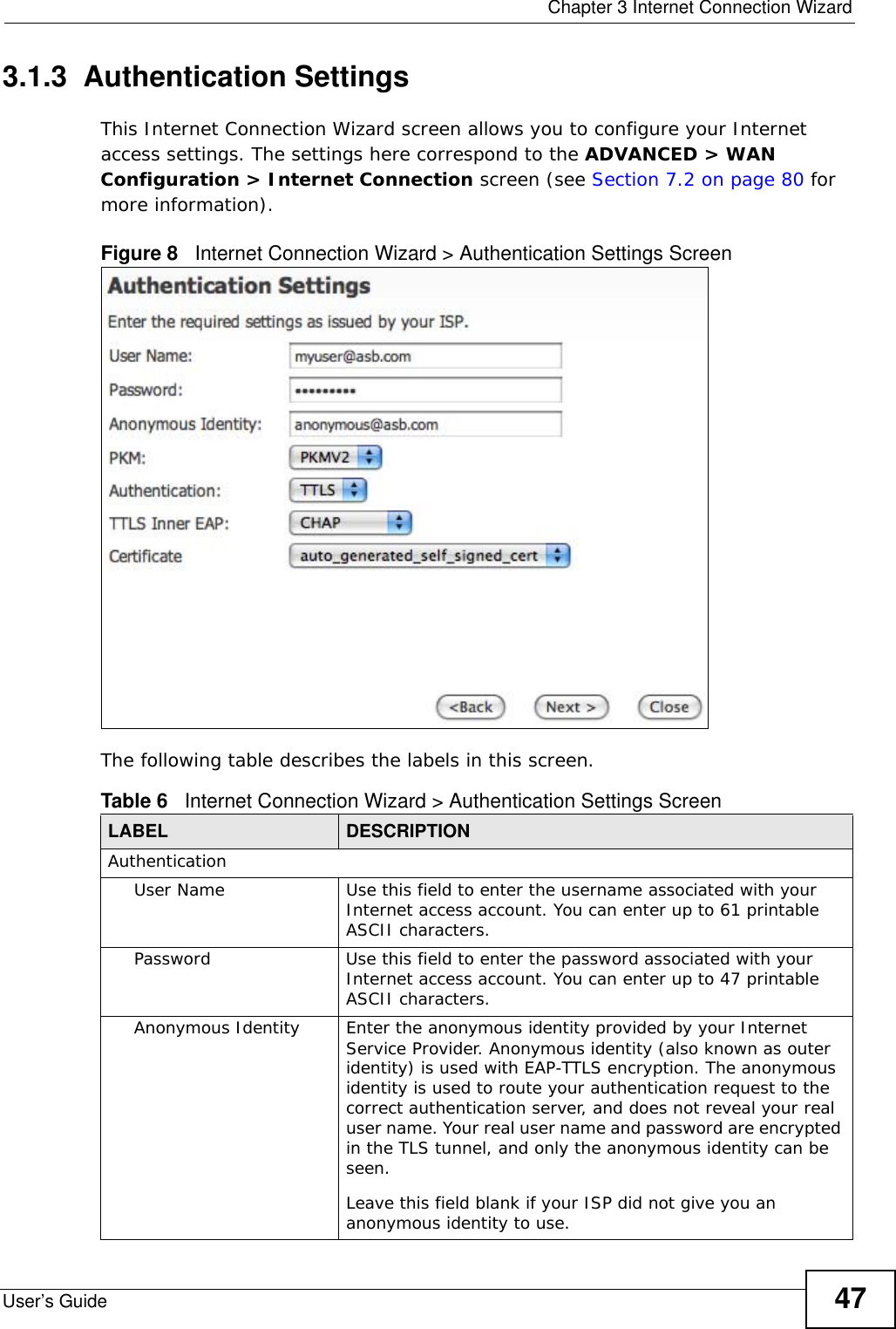  Chapter 3 Internet Connection WizardUser’s Guide 473.1.3  Authentication SettingsThis Internet Connection Wizard screen allows you to configure your Internet access settings. The settings here correspond to the ADVANCED &gt; WAN Configuration &gt; Internet Connection screen (see Section 7.2 on page 80 for more information).Figure 8   Internet Connection Wizard &gt; Authentication Settings ScreenThe following table describes the labels in this screen.Table 6   Internet Connection Wizard &gt; Authentication Settings ScreenLABEL DESCRIPTIONAuthenticationUser Name Use this field to enter the username associated with your Internet access account. You can enter up to 61 printable ASCII characters.Password Use this field to enter the password associated with your Internet access account. You can enter up to 47 printable ASCII characters.Anonymous Identity Enter the anonymous identity provided by your Internet Service Provider. Anonymous identity (also known as outer identity) is used with EAP-TTLS encryption. The anonymous identity is used to route your authentication request to the correct authentication server, and does not reveal your real user name. Your real user name and password are encrypted in the TLS tunnel, and only the anonymous identity can be seen.Leave this field blank if your ISP did not give you an anonymous identity to use.