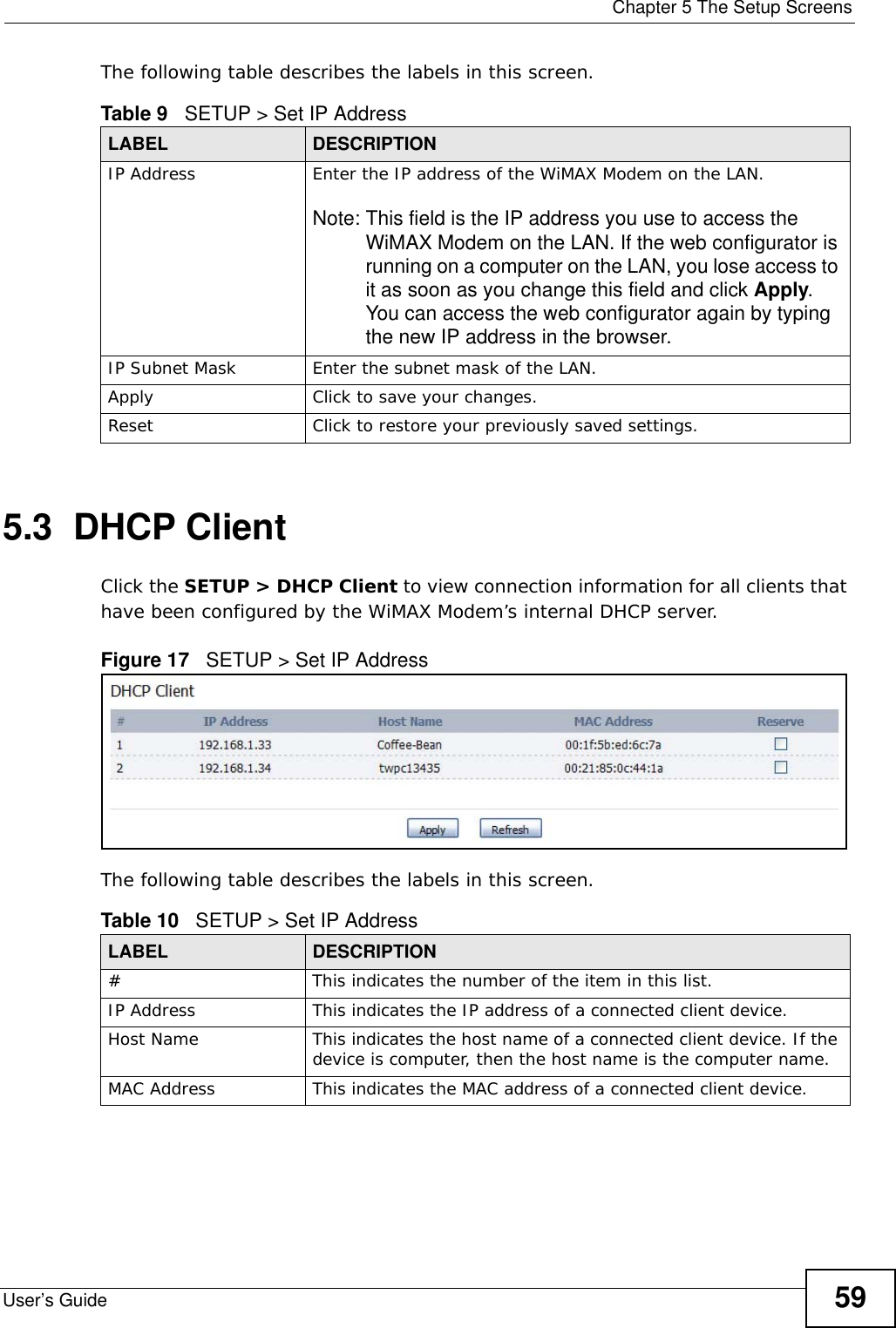  Chapter 5 The Setup ScreensUser’s Guide 59The following table describes the labels in this screen.  5.3  DHCP ClientClick the SETUP &gt; DHCP Client to view connection information for all clients that have been configured by the WiMAX Modem’s internal DHCP server.Figure 17   SETUP &gt; Set IP AddressThe following table describes the labels in this screen.  Table 9   SETUP &gt; Set IP AddressLABEL DESCRIPTIONIP Address Enter the IP address of the WiMAX Modem on the LAN.Note: This field is the IP address you use to access the WiMAX Modem on the LAN. If the web configurator is running on a computer on the LAN, you lose access to it as soon as you change this field and click Apply. You can access the web configurator again by typing the new IP address in the browser.IP Subnet Mask Enter the subnet mask of the LAN.Apply Click to save your changes.Reset Click to restore your previously saved settings.Table 10   SETUP &gt; Set IP AddressLABEL DESCRIPTION# This indicates the number of the item in this list.IP Address This indicates the IP address of a connected client device.Host Name This indicates the host name of a connected client device. If the device is computer, then the host name is the computer name.MAC Address This indicates the MAC address of a connected client device.