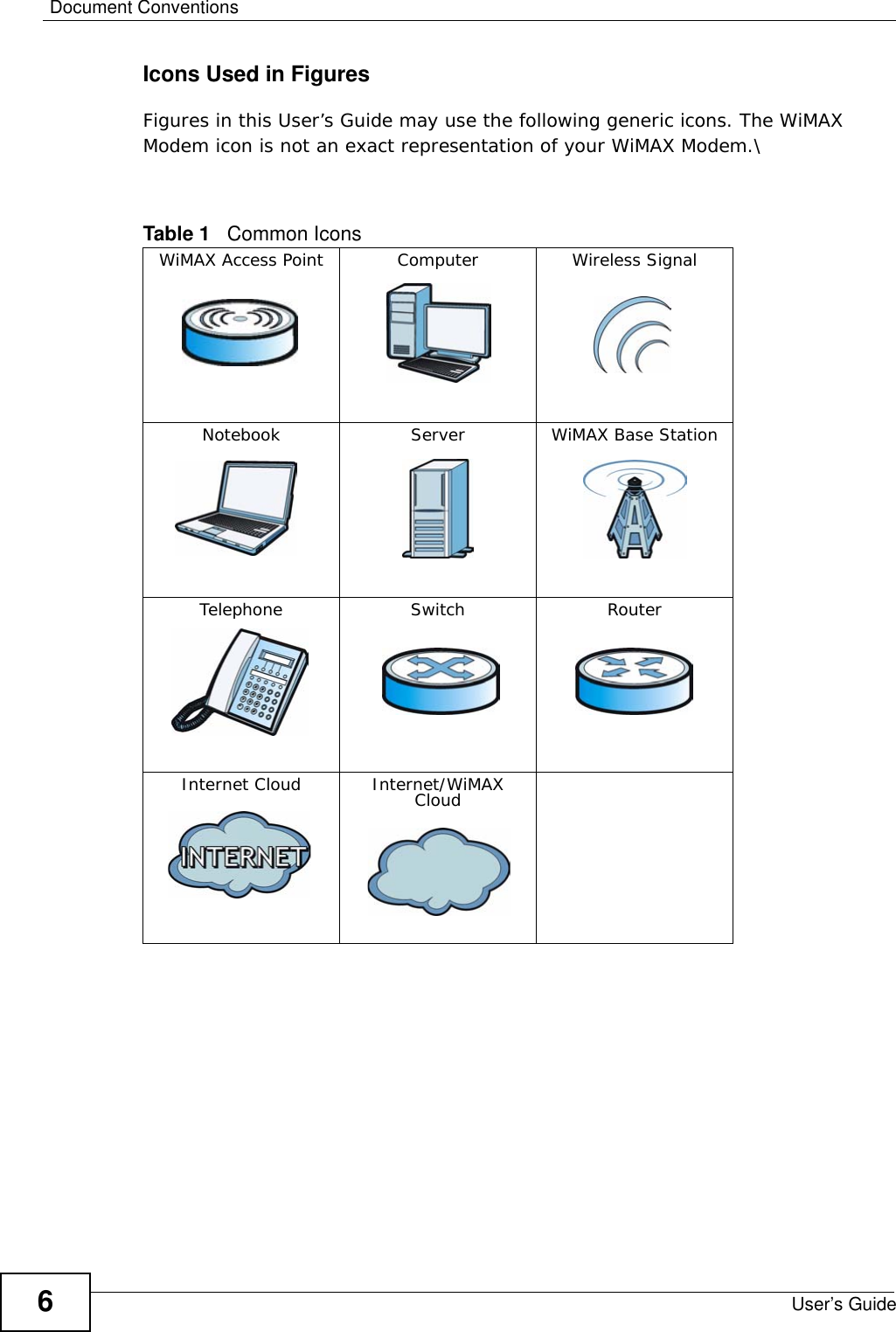 Document ConventionsUser’s Guide6Icons Used in FiguresFigures in this User’s Guide may use the following generic icons. The WiMAX Modem icon is not an exact representation of your WiMAX Modem.\Table 1   Common IconsWiMAX Access Point Computer Wireless SignalNotebook Server WiMAX Base StationTelephone Switch RouterInternet Cloud Internet/WiMAX Cloud