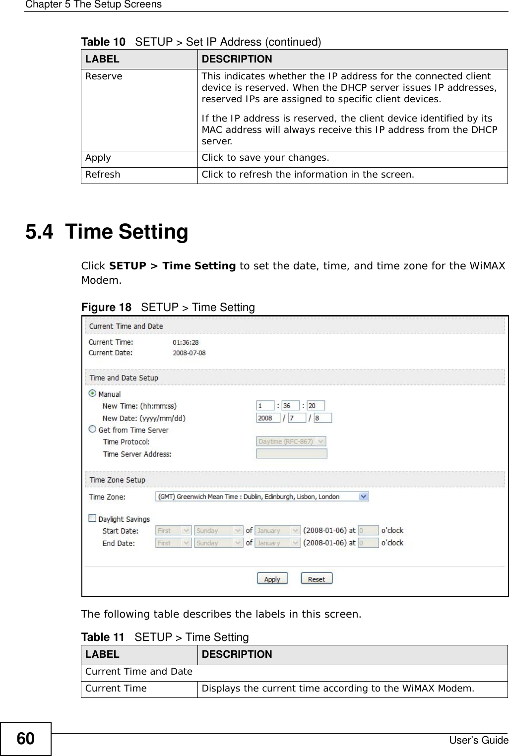 Chapter 5 The Setup ScreensUser’s Guide605.4  Time SettingClick SETUP &gt; Time Setting to set the date, time, and time zone for the WiMAX Modem.Figure 18   SETUP &gt; Time SettingThe following table describes the labels in this screen. Reserve This indicates whether the IP address for the connected client device is reserved. When the DHCP server issues IP addresses, reserved IPs are assigned to specific client devices.If the IP address is reserved, the client device identified by its MAC address will always receive this IP address from the DHCP server.Apply Click to save your changes.Refresh Click to refresh the information in the screen.Table 10   SETUP &gt; Set IP Address (continued)LABEL DESCRIPTIONTable 11   SETUP &gt; Time SettingLABEL DESCRIPTIONCurrent Time and DateCurrent Time Displays the current time according to the WiMAX Modem.