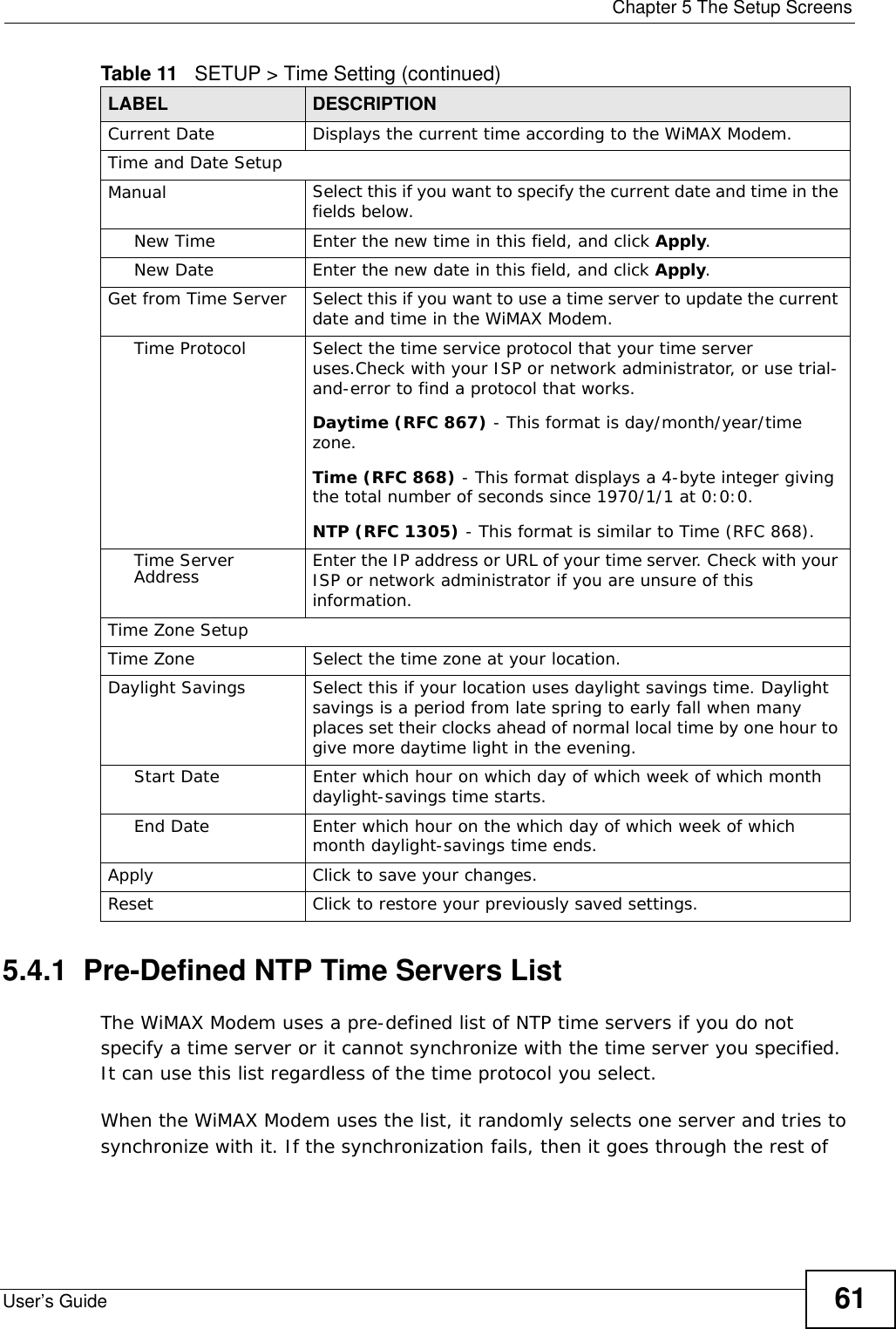  Chapter 5 The Setup ScreensUser’s Guide 615.4.1  Pre-Defined NTP Time Servers ListThe WiMAX Modem uses a pre-defined list of NTP time servers if you do not specify a time server or it cannot synchronize with the time server you specified. It can use this list regardless of the time protocol you select.When the WiMAX Modem uses the list, it randomly selects one server and tries to synchronize with it. If the synchronization fails, then it goes through the rest of Current Date Displays the current time according to the WiMAX Modem.Time and Date SetupManual Select this if you want to specify the current date and time in the fields below.New Time Enter the new time in this field, and click Apply.New Date Enter the new date in this field, and click Apply.Get from Time Server Select this if you want to use a time server to update the current date and time in the WiMAX Modem.Time Protocol Select the time service protocol that your time server uses.Check with your ISP or network administrator, or use trial-and-error to find a protocol that works.Daytime (RFC 867) - This format is day/month/year/time zone.Time (RFC 868) - This format displays a 4-byte integer giving the total number of seconds since 1970/1/1 at 0:0:0.NTP (RFC 1305) - This format is similar to Time (RFC 868).Time Server Address Enter the IP address or URL of your time server. Check with your ISP or network administrator if you are unsure of this information.Time Zone SetupTime Zone Select the time zone at your location.Daylight Savings Select this if your location uses daylight savings time. Daylight savings is a period from late spring to early fall when many places set their clocks ahead of normal local time by one hour to give more daytime light in the evening.Start Date Enter which hour on which day of which week of which month daylight-savings time starts.End Date Enter which hour on the which day of which week of which month daylight-savings time ends.Apply Click to save your changes.Reset Click to restore your previously saved settings.Table 11   SETUP &gt; Time Setting (continued)LABEL DESCRIPTION