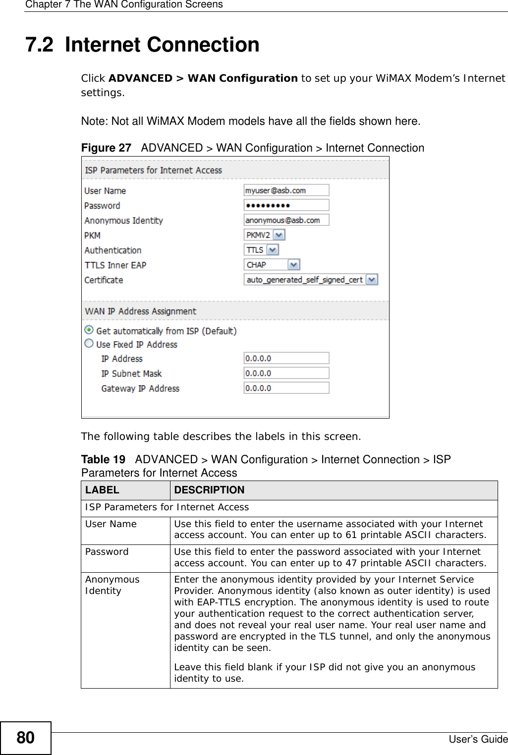 Chapter 7 The WAN Configuration ScreensUser’s Guide807.2  Internet ConnectionClick ADVANCED &gt; WAN Configuration to set up your WiMAX Modem’s Internet settings.Note: Not all WiMAX Modem models have all the fields shown here.Figure 27   ADVANCED &gt; WAN Configuration &gt; Internet ConnectionThe following table describes the labels in this screen.  Table 19   ADVANCED &gt; WAN Configuration &gt; Internet Connection &gt; ISP Parameters for Internet AccessLABEL DESCRIPTIONISP Parameters for Internet AccessUser Name Use this field to enter the username associated with your Internet access account. You can enter up to 61 printable ASCII characters.Password Use this field to enter the password associated with your Internet access account. You can enter up to 47 printable ASCII characters.Anonymous Identity Enter the anonymous identity provided by your Internet Service Provider. Anonymous identity (also known as outer identity) is used with EAP-TTLS encryption. The anonymous identity is used to route your authentication request to the correct authentication server, and does not reveal your real user name. Your real user name and password are encrypted in the TLS tunnel, and only the anonymous identity can be seen.Leave this field blank if your ISP did not give you an anonymous identity to use.
