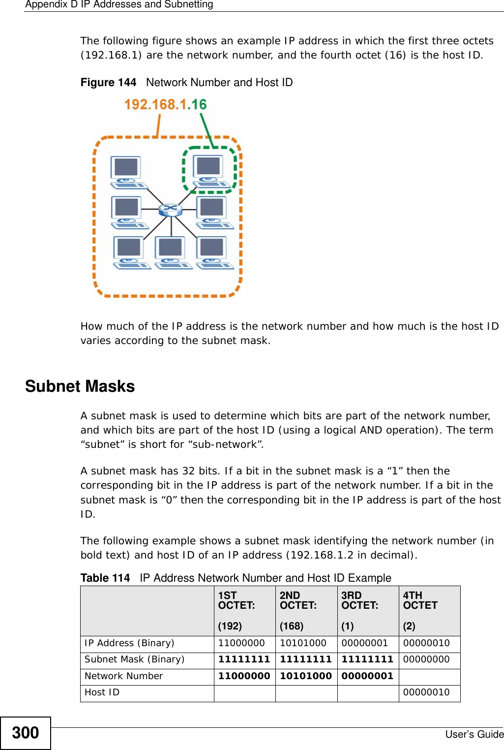 Appendix D IP Addresses and SubnettingUser’s Guide300The following figure shows an example IP address in which the first three octets (192.168.1) are the network number, and the fourth octet (16) is the host ID.Figure 144   Network Number and Host IDHow much of the IP address is the network number and how much is the host ID varies according to the subnet mask.  Subnet MasksA subnet mask is used to determine which bits are part of the network number, and which bits are part of the host ID (using a logical AND operation). The term “subnet” is short for “sub-network”.A subnet mask has 32 bits. If a bit in the subnet mask is a “1” then the corresponding bit in the IP address is part of the network number. If a bit in the subnet mask is “0” then the corresponding bit in the IP address is part of the host ID. The following example shows a subnet mask identifying the network number (in bold text) and host ID of an IP address (192.168.1.2 in decimal).Table 114   IP Address Network Number and Host ID Example1ST OCTET:(192)2ND OCTET:(168)3RD OCTET:(1)4TH OCTET(2)IP Address (Binary) 11000000 10101000 00000001 00000010Subnet Mask (Binary) 11111111 11111111 11111111 00000000Network Number 11000000 10101000 00000001Host ID 00000010