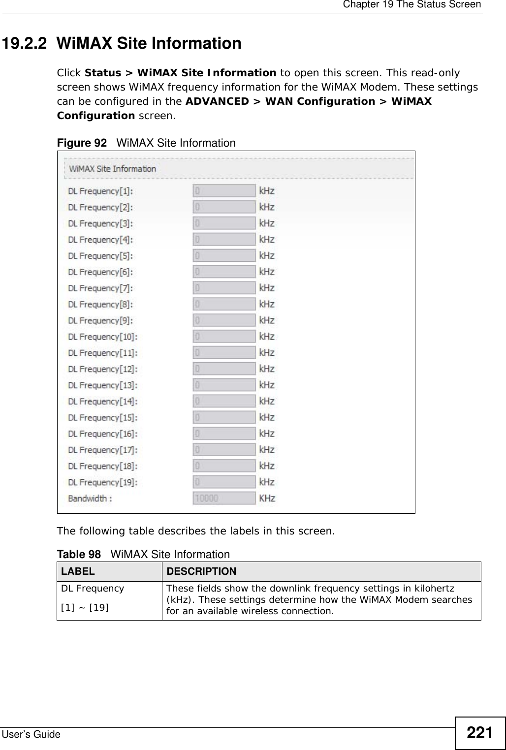  Chapter 19 The Status ScreenUser’s Guide 22119.2.2  WiMAX Site InformationClick Status &gt; WiMAX Site Information to open this screen. This read-only screen shows WiMAX frequency information for the WiMAX Modem. These settings can be configured in the ADVANCED &gt; WAN Configuration &gt; WiMAX Configuration screen.Figure 92   WiMAX Site Information The following table describes the labels in this screen. Table 98   WiMAX Site InformationLABEL DESCRIPTIONDL Frequency[1] ~ [19]These fields show the downlink frequency settings in kilohertz (kHz). These settings determine how the WiMAX Modem searches for an available wireless connection.