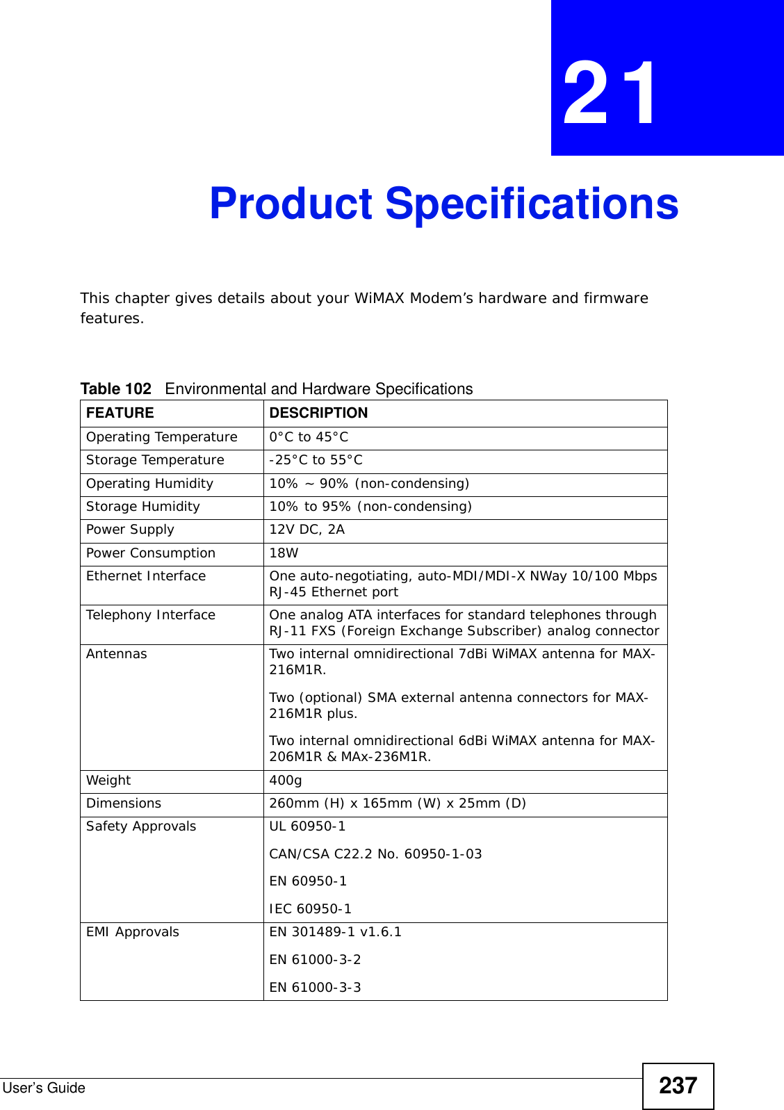 User’s Guide 237CHAPTER  21 Product SpecificationsThis chapter gives details about your WiMAX Modem’s hardware and firmware features.                                      Table 102   Environmental and Hardware SpecificationsFEATURE DESCRIPTIONOperating Temperature 0°C to 45°CStorage Temperature -25°C to 55°COperating Humidity 10% ~ 90% (non-condensing)Storage Humidity  10% to 95% (non-condensing)Power Supply 12V DC, 2APower Consumption 18WEthernet Interface One auto-negotiating, auto-MDI/MDI-X NWay 10/100 Mbps RJ-45 Ethernet portTelephony Interface One analog ATA interfaces for standard telephones through RJ-11 FXS (Foreign Exchange Subscriber) analog connectorAntennas Two internal omnidirectional 7dBi WiMAX antenna for MAX-216M1R.Two (optional) SMA external antenna connectors for MAX-216M1R plus.Two internal omnidirectional 6dBi WiMAX antenna for MAX-206M1R &amp; MAx-236M1R.Weight 400gDimensions 260mm (H) x 165mm (W) x 25mm (D)Safety Approvals UL 60950-1CAN/CSA C22.2 No. 60950-1-03EN 60950-1IEC 60950-1EMI Approvals EN 301489-1 v1.6.1EN 61000-3-2EN 61000-3-3