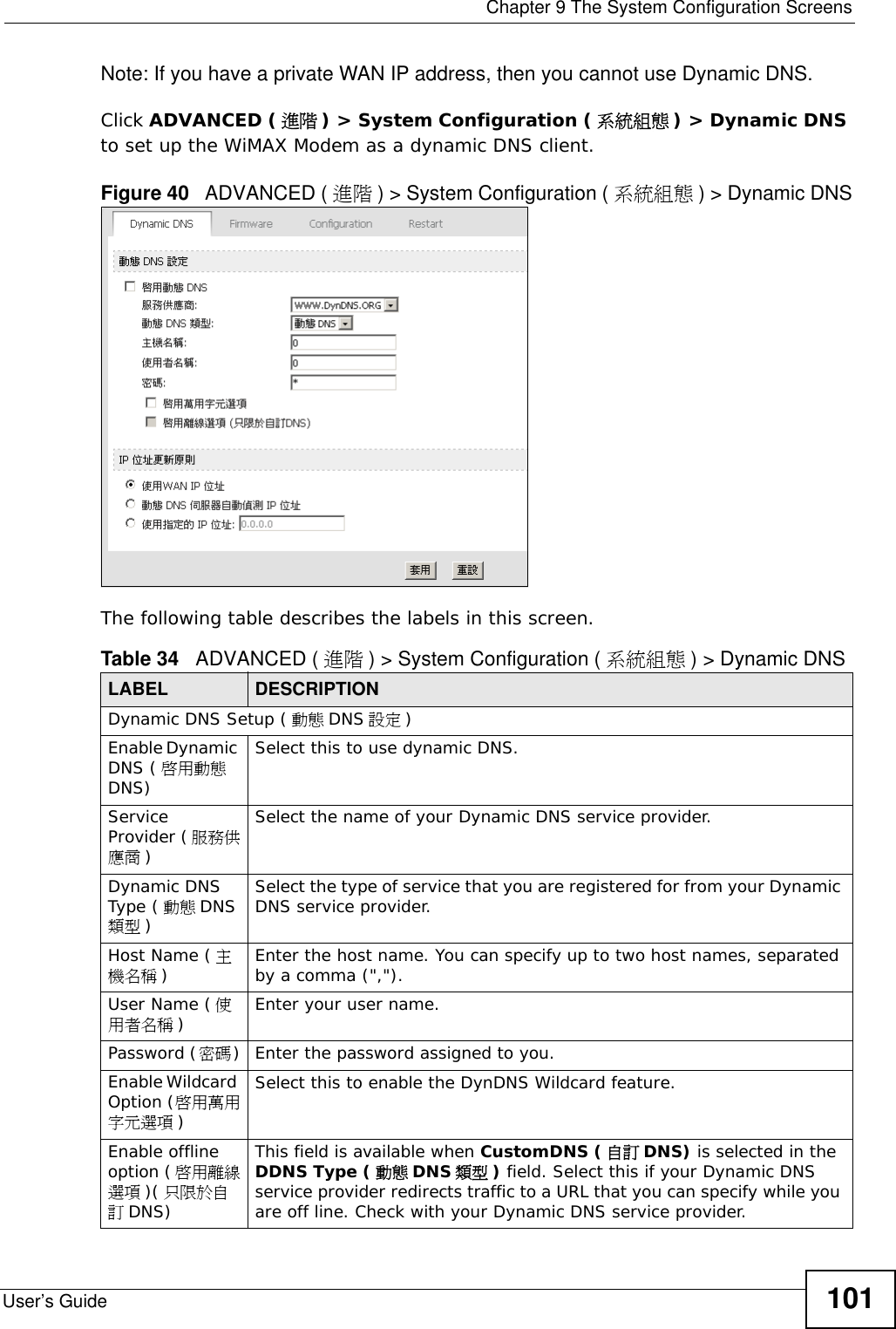  Chapter 9 The System Configuration ScreensUser’s Guide 101Note: If you have a private WAN IP address, then you cannot use Dynamic DNS.Click ADVANCED ( 進階 ) &gt; System Configuration (系統組態 ) &gt; Dynamic DNS to set up the WiMAX Modem as a dynamic DNS client.Figure 40   ADVANCED ( 進階 ) &gt; System Configuration ( 系統組態 ) &gt; Dynamic DNSThe following table describes the labels in this screen.Table 34   ADVANCED ( 進階 ) &gt; System Configuration ( 系統組態 ) &gt; Dynamic DNSLABEL DESCRIPTIONDynamic DNS Setup ( 動態 DNS 設定 )Enable Dynamic DNS ( 啟用動態DNS)Select this to use dynamic DNS.Service Provider ( 服務供應商 )Select the name of your Dynamic DNS service provider.Dynamic DNS Type ( 動態 DNS類型 )Select the type of service that you are registered for from your Dynamic DNS service provider.Host Name ( 主機名稱 )Enter the host name. You can specify up to two host names, separated by a comma (&quot;,&quot;).User Name ( 使用者名稱 )Enter your user name.Password (密碼)Enter the password assigned to you.Enable Wildcard Option (啟用萬用字元選項 )Select this to enable the DynDNS Wildcard feature.Enable offline option ( 啟用離線選項 )( 只限於自訂DNS)This field is available when CustomDNS ( 自訂 DNS) is selected in the DDNS Type ( 動態 DNS 類型 ) field. Select this if your Dynamic DNS service provider redirects traffic to a URL that you can specify while you are off line. Check with your Dynamic DNS service provider.