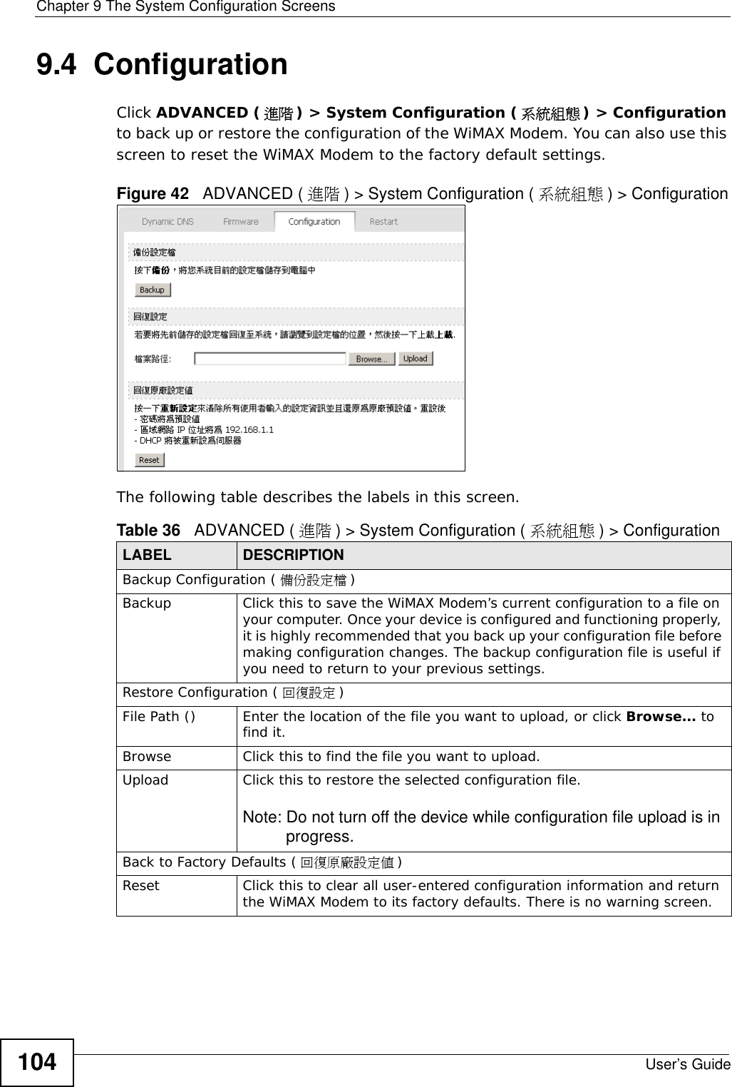 Chapter 9 The System Configuration ScreensUser’s Guide1049.4  ConfigurationClick ADVANCED (進階) &gt; System Configuration (系統組態) &gt; Configuration to back up or restore the configuration of the WiMAX Modem. You can also use this screen to reset the WiMAX Modem to the factory default settings.Figure 42   ADVANCED ( 進階 ) &gt; System Configuration ( 系統組態 ) &gt; ConfigurationThe following table describes the labels in this screen.  Table 36   ADVANCED ( 進階 ) &gt; System Configuration ( 系統組態 ) &gt; ConfigurationLABEL DESCRIPTIONBackup Configuration ( 備份設定檔 )Backup Click this to save the WiMAX Modem’s current configuration to a file on your computer. Once your device is configured and functioning properly, it is highly recommended that you back up your configuration file before making configuration changes. The backup configuration file is useful if you need to return to your previous settings.Restore Configuration ( 回復設定 )File Path () Enter the location of the file you want to upload, or click Browse... to find it.Browse Click this to find the file you want to upload.Upload Click this to restore the selected configuration file.Note: Do not turn off the device while configuration file upload is in progress.Back to Factory Defaults ( 回復原廠設定值 )Reset Click this to clear all user-entered configuration information and return the WiMAX Modem to its factory defaults. There is no warning screen.