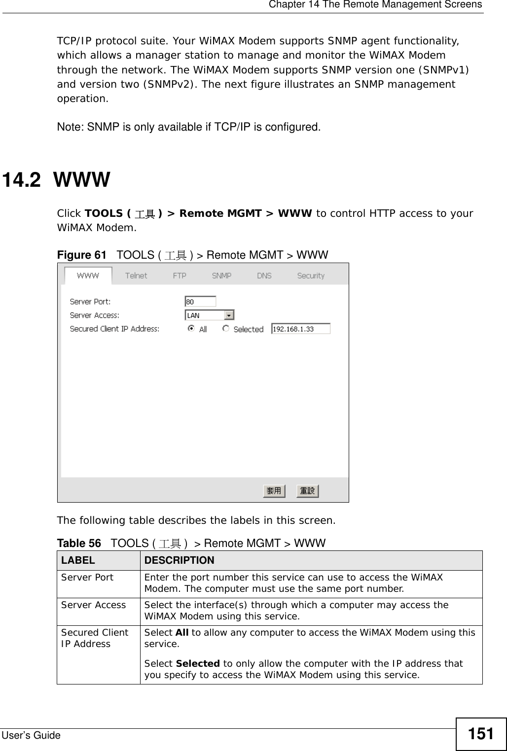  Chapter 14 The Remote Management ScreensUser’s Guide 151TCP/IP protocol suite. Your WiMAX Modem supports SNMP agent functionality, which allows a manager station to manage and monitor the WiMAX Modem through the network. The WiMAX Modem supports SNMP version one (SNMPv1) and version two (SNMPv2). The next figure illustrates an SNMP management operation.Note: SNMP is only available if TCP/IP is configured.14.2  WWWClick TOOLS ( 工具 ) &gt; Remote MGMT &gt; WWW to control HTTP access to your WiMAX Modem.Figure 61   TOOLS ( 工具 ) &gt; Remote MGMT &gt; WWWThe following table describes the labels in this screen.       Table 56   TOOLS ( 工具 )  &gt; Remote MGMT &gt; WWWLABEL DESCRIPTIONServer Port Enter the port number this service can use to access the WiMAX Modem. The computer must use the same port number.Server Access Select the interface(s) through which a computer may access the WiMAX Modem using this service.Secured Client IP Address Select All to allow any computer to access the WiMAX Modem using this service.Select Selected to only allow the computer with the IP address that you specify to access the WiMAX Modem using this service.