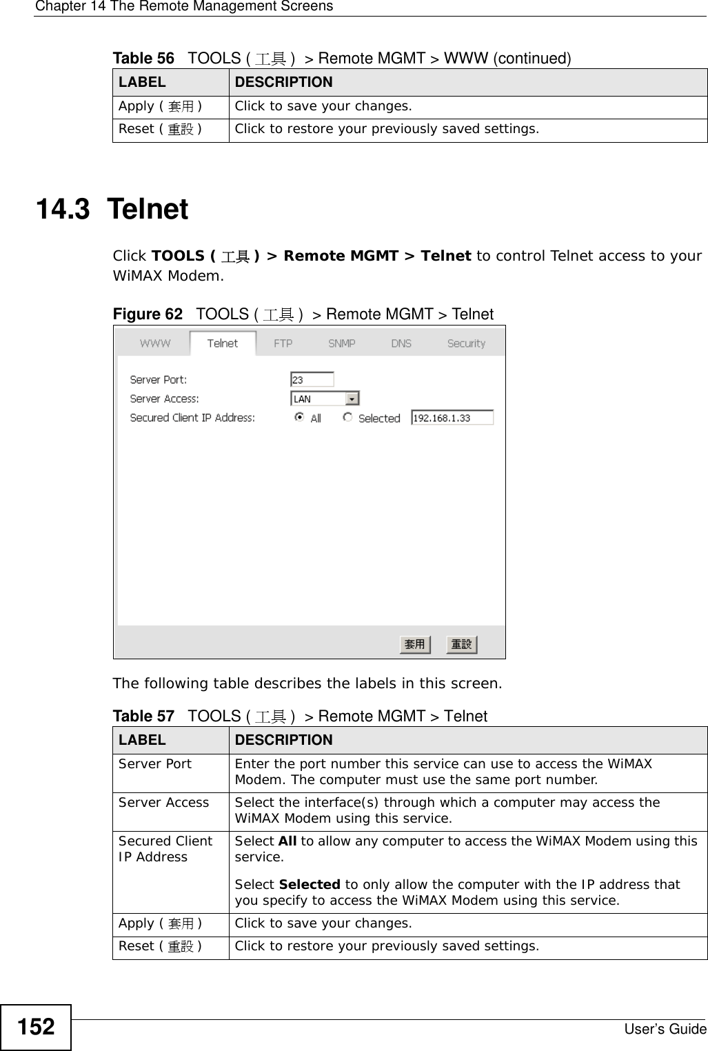 Chapter 14 The Remote Management ScreensUser’s Guide15214.3  TelnetClick TOOLS ( 工具 ) &gt; Remote MGMT &gt; Telnet to control Telnet access to your WiMAX Modem.Figure 62   TOOLS ( 工具 )  &gt; Remote MGMT &gt; TelnetThe following table describes the labels in this screen.Apply ( 套用 )Click to save your changes.Reset ( 重設 )Click to restore your previously saved settings.Table 56   TOOLS ( 工具 )  &gt; Remote MGMT &gt; WWW (continued)LABEL DESCRIPTIONTable 57   TOOLS ( 工具 )  &gt; Remote MGMT &gt; TelnetLABEL DESCRIPTIONServer Port Enter the port number this service can use to access the WiMAX Modem. The computer must use the same port number.Server Access Select the interface(s) through which a computer may access the WiMAX Modem using this service.Secured Client IP Address Select All to allow any computer to access the WiMAX Modem using this service.Select Selected to only allow the computer with the IP address that you specify to access the WiMAX Modem using this service.Apply ( 套用 )Click to save your changes.Reset ( 重設 )Click to restore your previously saved settings.