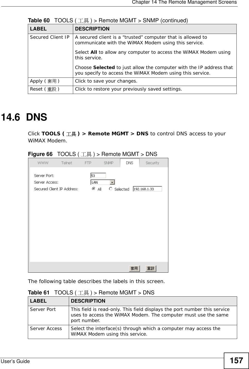  Chapter 14 The Remote Management ScreensUser’s Guide 15714.6  DNSClick TOOLS ( 工具 ) &gt; Remote MGMT &gt; DNS to control DNS access to your WiMAX Modem.Figure 66   TOOLS ( 工具 ) &gt; Remote MGMT &gt; DNSThe following table describes the labels in this screen.Secured Client IP A secured client is a “trusted” computer that is allowed to communicate with the WiMAX Modem using this service. Select All to allow any computer to access the WiMAX Modem using this service.Choose Selected to just allow the computer with the IP address that you specify to access the WiMAX Modem using this service.Apply ( 套用 )Click to save your changes.Reset ( 重設 )Click to restore your previously saved settings.Table 60   TOOLS ( 工具 ) &gt; Remote MGMT &gt; SNMP (continued)LABEL DESCRIPTIONTable 61   TOOLS ( 工具 ) &gt; Remote MGMT &gt; DNSLABEL DESCRIPTIONServer Port This field is read-only. This field displays the port number this service uses to access the WiMAX Modem. The computer must use the same port number.Server Access Select the interface(s) through which a computer may access the WiMAX Modem using this service.