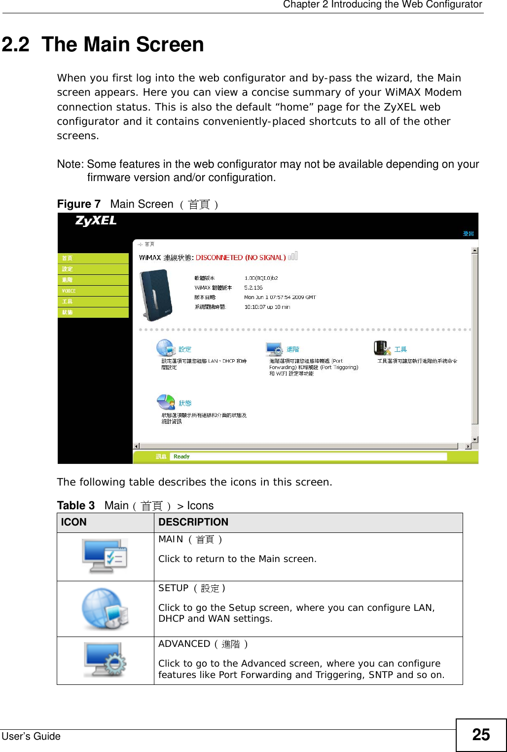  Chapter 2 Introducing the Web ConfiguratorUser’s Guide 252.2  The Main ScreenWhen you first log into the web configurator and by-pass the wizard, the Main screen appears. Here you can view a concise summary of your WiMAX Modem connection status. This is also the default “home” page for the ZyXEL web configurator and it contains conveniently-placed shortcuts to all of the other screens.Note: Some features in the web configurator may not be available depending on your firmware version and/or configuration.Figure 7   Main Screen ( 首頁 )The following table describes the icons in this screen.Table 3   Main (首頁) &gt; IconsICON DESCRIPTIONMAIN (首頁 )Click to return to the Main screen.SETUP (設定 )Click to go the Setup screen, where you can configure LAN, DHCP and WAN settings.ADVANCED (進階 )Click to go to the Advanced screen, where you can configure features like Port Forwarding and Triggering, SNTP and so on.