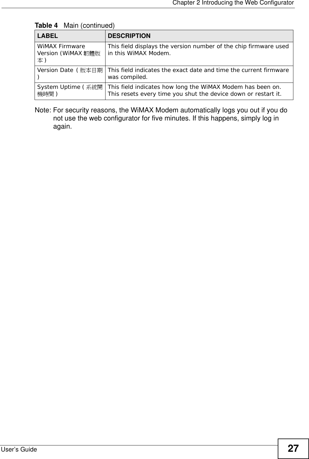  Chapter 2 Introducing the Web ConfiguratorUser’s Guide 27Note: For security reasons, the WiMAX Modem automatically logs you out if you do not use the web configurator for five minutes. If this happens, simply log in again.WiMAX Firmware Version (WiMAX 韌體版本)This field displays the version number of the chip firmware used in this WiMAX Modem.Version Date (版本日期)This field indicates the exact date and time the current firmware was compiled.System Uptime ( 系統開機時間 )This field indicates how long the WiMAX Modem has been on. This resets every time you shut the device down or restart it.Table 4   Main (continued)LABEL DESCRIPTION