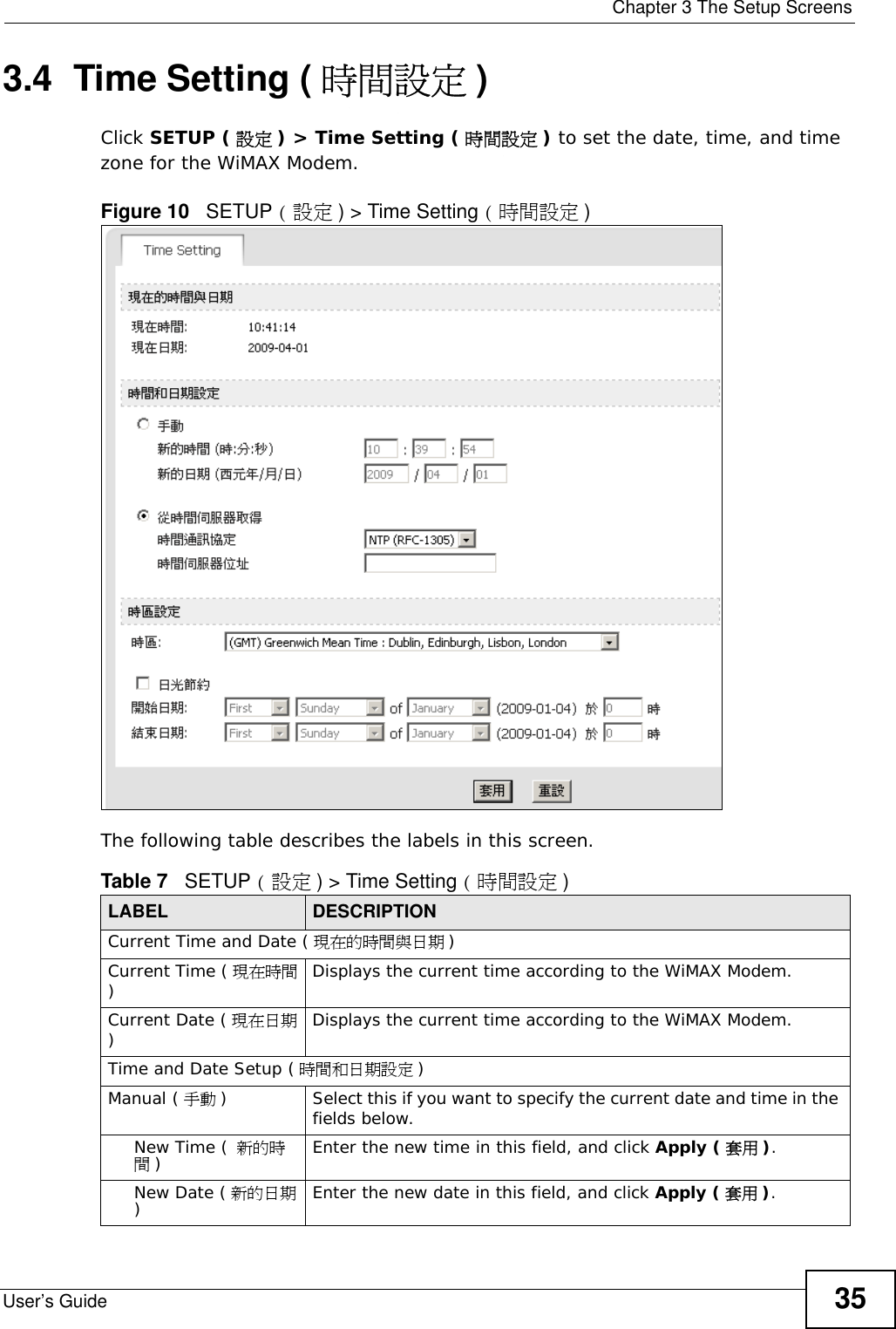  Chapter 3 The Setup ScreensUser’s Guide 353.4  Time Setting ( 時間設定 )Click SETUP ( 設定 ) &gt; Time Setting ( 時間設定 ) to set the date, time, and time zone for the WiMAX Modem.Figure 10   SETUP (設定) &gt; Time Setting (時間設定)The following table describes the labels in this screen. Table 7   SETUP (設定) &gt; Time Setting ( 時間設定 )LABEL DESCRIPTIONCurrent Time and Date ( 現在的時間與日期 )Current Time ( 現在時間)Displays the current time according to the WiMAX Modem.Current Date ( 現在日期)Displays the current time according to the WiMAX Modem.Time and Date Setup ( 時間和日期設定 )Manual ( 手動 )Select this if you want to specify the current date and time in the fields below.New Time ( 新的時間)Enter the new time in this field, and click Apply ( 套用 ).New Date ( 新的日期)Enter the new date in this field, and click Apply ( 套用 ).