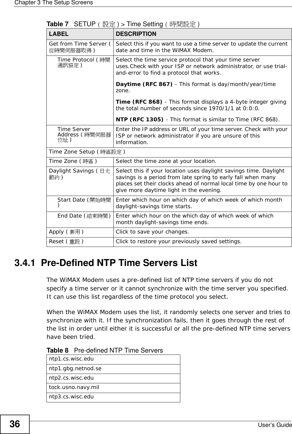 Chapter 3 The Setup ScreensUser’s Guide363.4.1  Pre-Defined NTP Time Servers ListThe WiMAX Modem uses a pre-defined list of NTP time servers if you do not specify a time server or it cannot synchronize with the time server you specified. It can use this list regardless of the time protocol you select.When the WiMAX Modem uses the list, it randomly selects one server and tries to synchronize with it. If the synchronization fails, then it goes through the rest of the list in order until either it is successful or all the pre-defined NTP time servers have been tried. Get from Time Server (從時間伺服器取得 )Select this if you want to use a time server to update the current date and time in the WiMAX Modem.Time Protocol ( 時間通訊協定 )Select the time service protocol that your time server uses.Check with your ISP or network administrator, or use trial-and-error to find a protocol that works.Daytime (RFC 867) - This format is day/month/year/time zone.Time (RFC 868) - This format displays a 4-byte integer giving the total number of seconds since 1970/1/1 at 0:0:0.NTP (RFC 1305) - This format is similar to Time (RFC 868).Time Server Address ( 時間伺服器位址 )Enter the IP address or URL of your time server. Check with your ISP or network administrator if you are unsure of this information.Time Zone Setup ( 時區設定 )Time Zone ( 時區 ) Select the time zone at your location.Daylight Savings ( 日光節約 )Select this if your location uses daylight savings time. Daylight savings is a period from late spring to early fall when many places set their clocks ahead of normal local time by one hour to give more daytime light in the evening.Start Date (開始時間)Enter which hour on which day of which week of which month daylight-savings time starts.End Date (結束時間) Enter which hour on the which day of which week of which month daylight-savings time ends.Apply ( 套用 )Click to save your changes.Reset ( 重設 )Click to restore your previously saved settings.Table 7   SETUP (設定) &gt; Time Setting ( 時間設定 )LABEL DESCRIPTIONTable 8   Pre-defined NTP Time Serversntp1.cs.wisc.eduntp1.gbg.netnod.sentp2.cs.wisc.edutock.usno.navy.milntp3.cs.wisc.edu