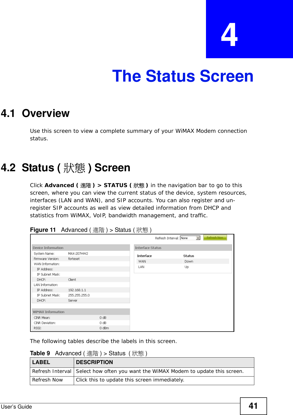 User’s Guide 41CHAPTER  4 The Status Screen4.1  OverviewUse this screen to view a complete summary of your WiMAX Modem connection status.4.2  Status ( 狀態 ) ScreenClick Advanced ( 進階 ) &gt; STATUS ( 狀態 ) in the navigation bar to go to this screen, where you can view the current status of the device, system resources, interfaces (LAN and WAN), and SIP accounts. You can also register and un-register SIP accounts as well as view detailed information from DHCP and statistics from WiMAX, VoIP, bandwidth management, and traffic.Figure 11   Advanced ( 進階 ) &gt; Status ( 狀態 )The following tables describe the labels in this screen.    Table 9   Advanced ( 進階 ) &gt; Status (狀態 )LABEL DESCRIPTIONRefresh Interval Select how often you want the WiMAX Modem to update this screen.Refresh Now Click this to update this screen immediately.