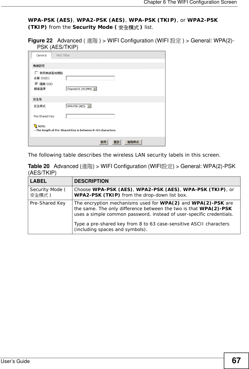  Chapter 6 The WIFI Configuration ScreenUser’s Guide 67WPA-PSK (AES), WPA2-PSK (AES), WPA-PSK (TKIP), or WPA2-PSK (TKIP) from the Security Mode ( 安全模式 ) list.Figure 22   Advanced ( 進階 ) &gt; WIFI Configuration (WIFI 設定 ) &gt; General: WPA(2)-PSK (AES/TKIP)The following table describes the wireless LAN security labels in this screen.Table 20   Advanced (進階) &gt; WIFI Configuration (WIFI設定) &gt; General: WPA(2)-PSK (AES/TKIP)LABEL DESCRIPTIONSecurity Mode (安全模式 )Choose WPA-PSK (AES), WPA2-PSK (AES), WPA-PSK (TKIP), or WPA2-PSK (TKIP) from the drop-down list box.Pre-Shared Key The encryption mechanisms used for WPA(2) and WPA(2)-PSK are the same. The only difference between the two is that WPA(2)-PSK uses a simple common password, instead of user-specific credentials.Type a pre-shared key from 8 to 63 case-sensitive ASCII characters (including spaces and symbols).