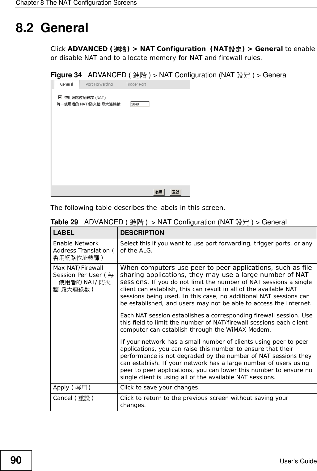 Chapter 8 The NAT Configuration ScreensUser’s Guide908.2  GeneralClick ADVANCED (進階) &gt; NAT Configuration  (NAT設定) &gt; General to enable or disable NAT and to allocate memory for NAT and firewall rules.Figure 34   ADVANCED ( 進階 ) &gt; NAT Configuration (NAT 設定 ) &gt; GeneralThe following table describes the labels in this screen.Table 29   ADVANCED ( 進階 ) &gt; NAT Configuration (NAT 設定 ) &gt; GeneralLABEL DESCRIPTIONEnable Network Address Translation (啟用網路位址轉譯 )Select this if you want to use port forwarding, trigger ports, or any of the ALG.Max NAT/Firewall Session Per User ( 每一使用者的 NAT/ 防火牆 最大連線數 )When computers use peer to peer applications, such as file sharing applications, they may use a large number of NAT sessions. If you do not limit the number of NAT sessions a single client can establish, this can result in all of the available NAT sessions being used. In this case, no additional NAT sessions can be established, and users may not be able to access the Internet. Each NAT session establishes a corresponding firewall session. Use this field to limit the number of NAT/firewall sessions each client computer can establish through the WiMAX Modem. If your network has a small number of clients using peer to peer applications, you can raise this number to ensure that their performance is not degraded by the number of NAT sessions they can establish. If your network has a large number of users using peer to peer applications, you can lower this number to ensure no single client is using all of the available NAT sessions. Apply ( 套用 )Click to save your changes.Cancel ( 重設 ) Click to return to the previous screen without saving your changes.