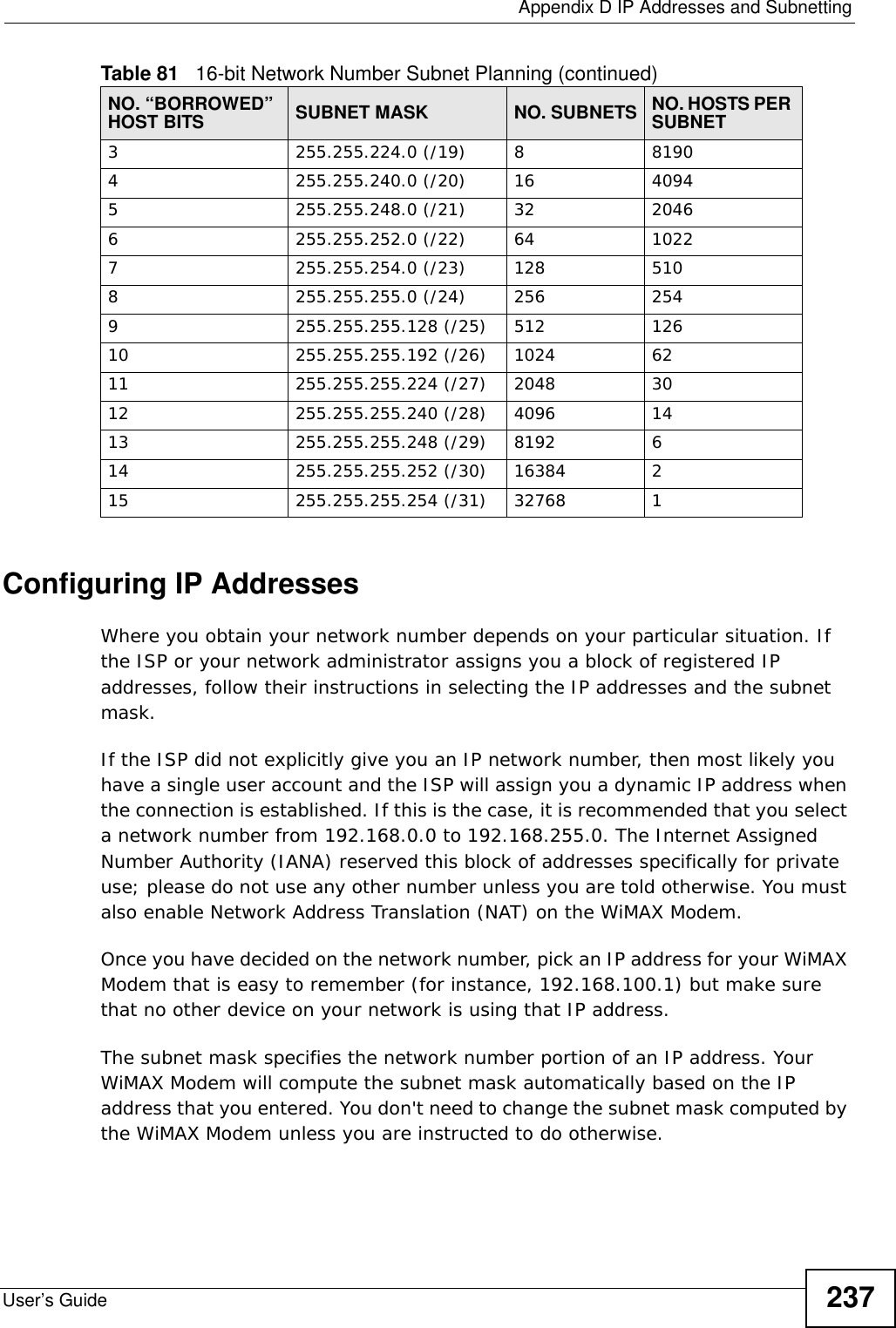  Appendix D IP Addresses and SubnettingUser’s Guide 237Configuring IP AddressesWhere you obtain your network number depends on your particular situation. If the ISP or your network administrator assigns you a block of registered IP addresses, follow their instructions in selecting the IP addresses and the subnet mask.If the ISP did not explicitly give you an IP network number, then most likely you have a single user account and the ISP will assign you a dynamic IP address when the connection is established. If this is the case, it is recommended that you select a network number from 192.168.0.0 to 192.168.255.0. The Internet Assigned Number Authority (IANA) reserved this block of addresses specifically for private use; please do not use any other number unless you are told otherwise. You must also enable Network Address Translation (NAT) on the WiMAX Modem. Once you have decided on the network number, pick an IP address for your WiMAX Modem that is easy to remember (for instance, 192.168.100.1) but make sure that no other device on your network is using that IP address.The subnet mask specifies the network number portion of an IP address. Your WiMAX Modem will compute the subnet mask automatically based on the IP address that you entered. You don&apos;t need to change the subnet mask computed by the WiMAX Modem unless you are instructed to do otherwise.3255.255.224.0 (/19) 881904255.255.240.0 (/20) 16 40945255.255.248.0 (/21) 32 20466255.255.252.0 (/22) 64 10227255.255.254.0 (/23) 128 5108255.255.255.0 (/24) 256 2549255.255.255.128 (/25) 512 12610 255.255.255.192 (/26) 1024 6211 255.255.255.224 (/27) 2048 3012 255.255.255.240 (/28) 4096 1413 255.255.255.248 (/29) 8192 614 255.255.255.252 (/30) 16384 215 255.255.255.254 (/31) 32768 1Table 81   16-bit Network Number Subnet Planning (continued)NO. “BORROWED” HOST BITS SUBNET MASK NO. SUBNETS NO. HOSTS PER SUBNET
