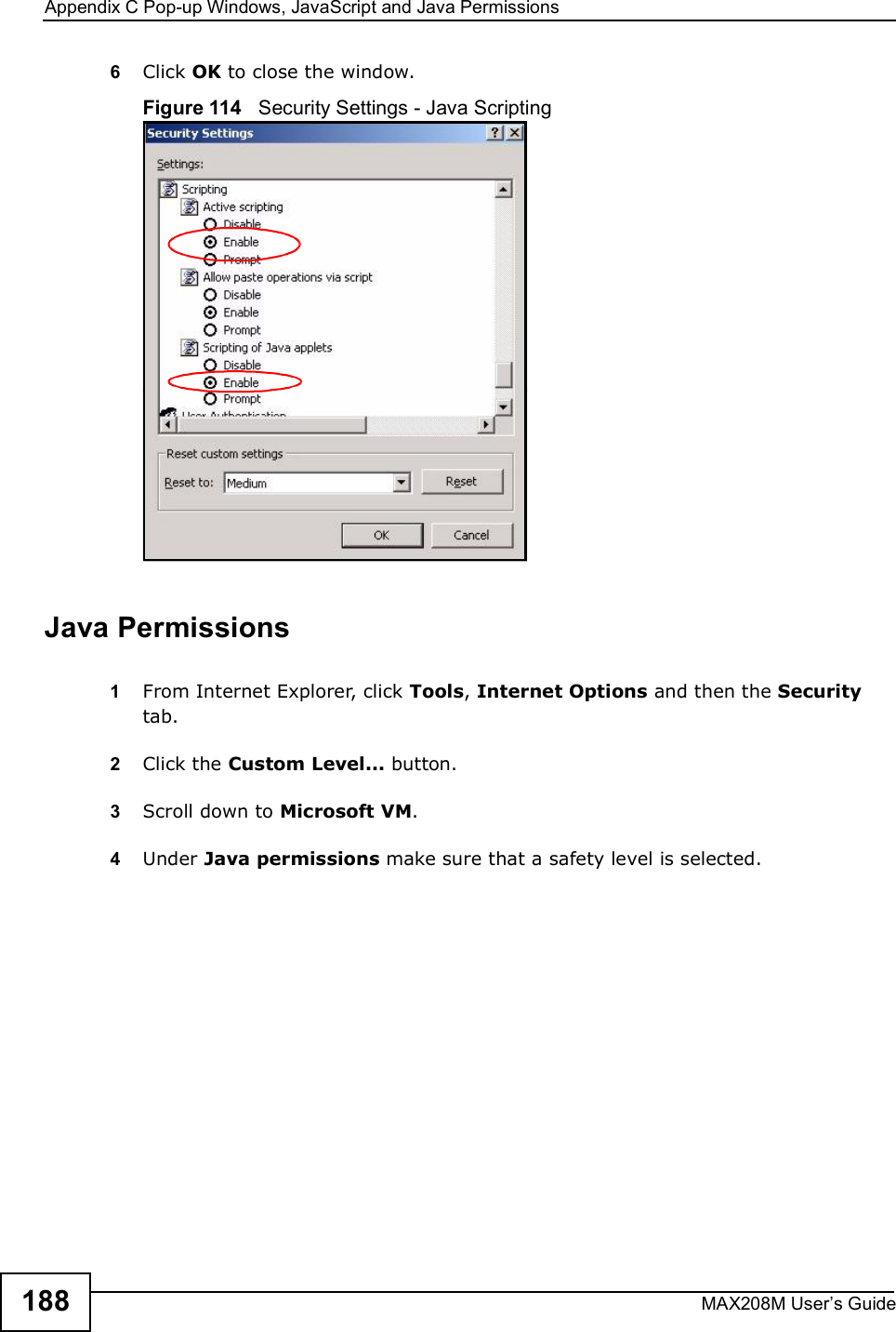 Appendix CPop-up Windows, JavaScript and Java PermissionsMAX208M User s Guide1886Click OK to close the window.Figure 114   Security Settings - Java ScriptingJava Permissions1From Internet Explorer, click Tools, Internet Options and then the Security tab. 2Click the Custom Level... button. 3Scroll down to Microsoft VM. 4Under Java permissions make sure that a safety level is selected.