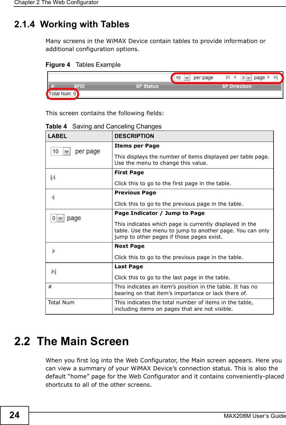 Chapter 2The Web ConfiguratorMAX208M User s Guide242.1.4  Working with TablesMany screens in the WiMAX Device contain tables to provide information or additional configuration options.Figure 4   Tables ExampleThis screen contains the following fields:2.2  The Main ScreenWhen you first log into the Web Configurator, the Main screen appears. Here you can view a summary of your WiMAX Device s connection status. This is also the default &quot;home# page for the Web Configurator and it contains conveniently-placed shortcuts to all of the other screens.Table 4   Saving and Canceling ChangesLABEL DESCRIPTIONItems per PageThis displays the number of items displayed per table page. Use the menu to change this value.First PageClick this to go to the first page in the table.Previous PageClick this to go to the previous page in the table.Page Indicator / Jump to PageThis indicates which page is currently displayed in the table. Use the menu to jump to another page. You can only jump to other pages if those pages exist.Next PageClick this to go to the previous page in the table.Last PageClick this to go to the last page in the table.#This indicates an item s position in the table. It has no bearing on that item s importance or lack there of.Total NumThis indicates the total number of items in the table, including items on pages that are not visible.