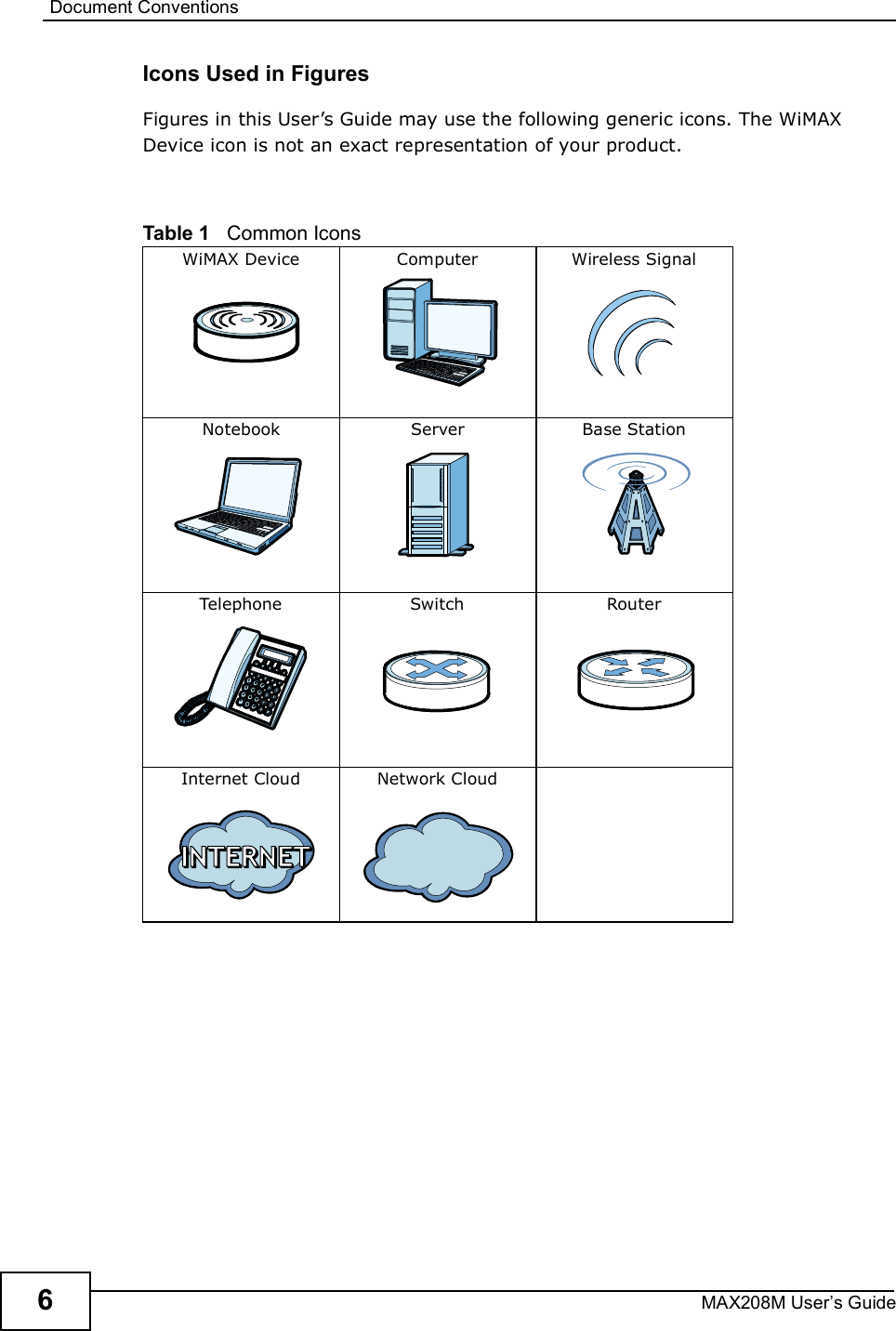 Document ConventionsMAX208M User s Guide6Icons Used in FiguresFigures in this User s Guide may use the following generic icons. The WiMAX Device icon is not an exact representation of your product.Table 1   Common IconsWiMAX Device ComputerWireless SignalNotebookServerBase StationTelephoneSwitchRouterInternet CloudNetwork Cloud
