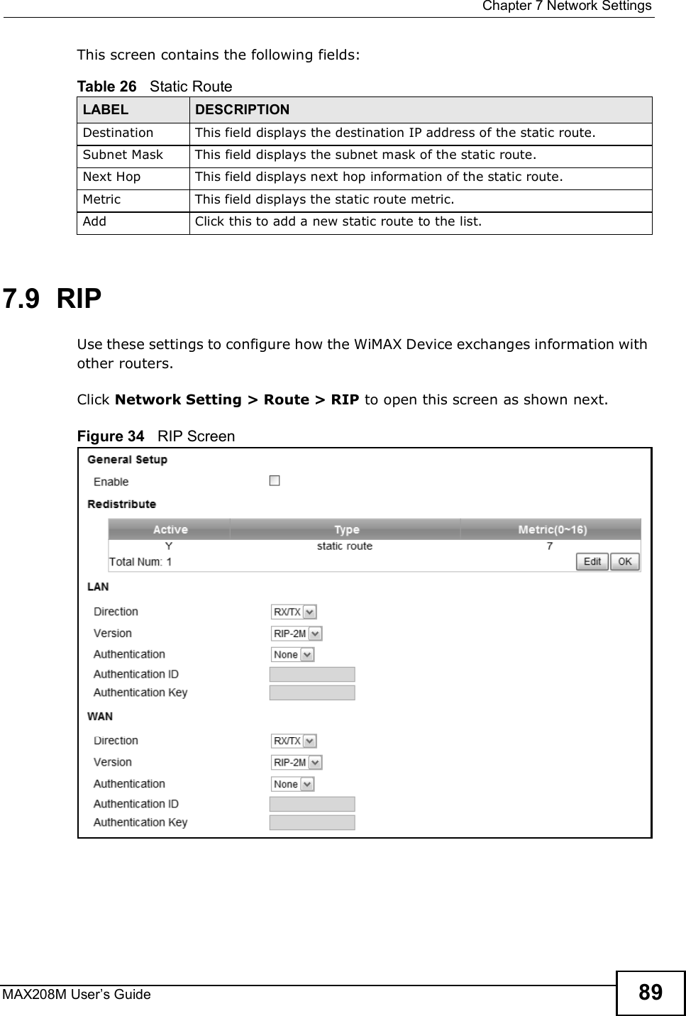  Chapter 7Network SettingsMAX208M User s Guide 89This screen contains the following fields:7.9  RIPUse these settings to configure how the WiMAX Device exchanges information with other routers.Click Network Setting &gt; Route &gt; RIP to open this screen as shown next.Figure 34   RIP ScreenTable 26   Static RouteLABEL DESCRIPTIONDestinationThis field displays the destination IP address of the static route.Subnet MaskThis field displays the subnet mask of the static route.Next HopThis field displays next hop information of the static route.MetricThis field displays the static route metric.AddClick this to add a new static route to the list.