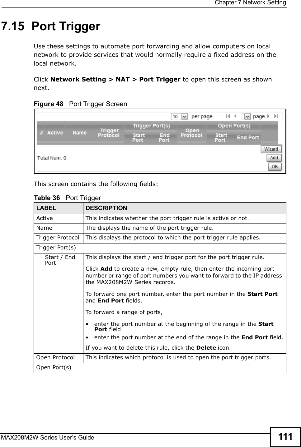  Chapter 7Network SettingMAX208M2W Series User s Guide 1117.15  Port TriggerUse these settings to automate port forwarding and allow computers on local network to provide services that would normally require a fixed address on the local network.Click Network Setting &gt; NAT &gt; Port Trigger to open this screen as shown next.Figure 48   Port Trigger ScreenThis screen contains the following fields:Table 36   Port TriggerLABEL DESCRIPTIONActiveThis indicates whether the port trigger rule is active or not.NameThe displays the name of the port trigger rule.Trigger ProtocolThis displays the protocol to which the port trigger rule applies.Trigger Port(s)Start / End PortThis displays the start / end trigger port for the port trigger rule.Click Add to create a new, empty rule, then enter the incoming port number or range of port numbers you want to forward to the IP address the MAX208M2W Series records.To forward one port number, enter the port number in the Start Port and End Port fields.To forward a range of ports,!enter the port number at the beginning of the range in the Start Port field!enter the port number at the end of the range in the End Port field.If you want to delete this rule, click the Delete icon.Open ProtocolThis indicates which protocol is used to open the port trigger ports.Open Port(s)