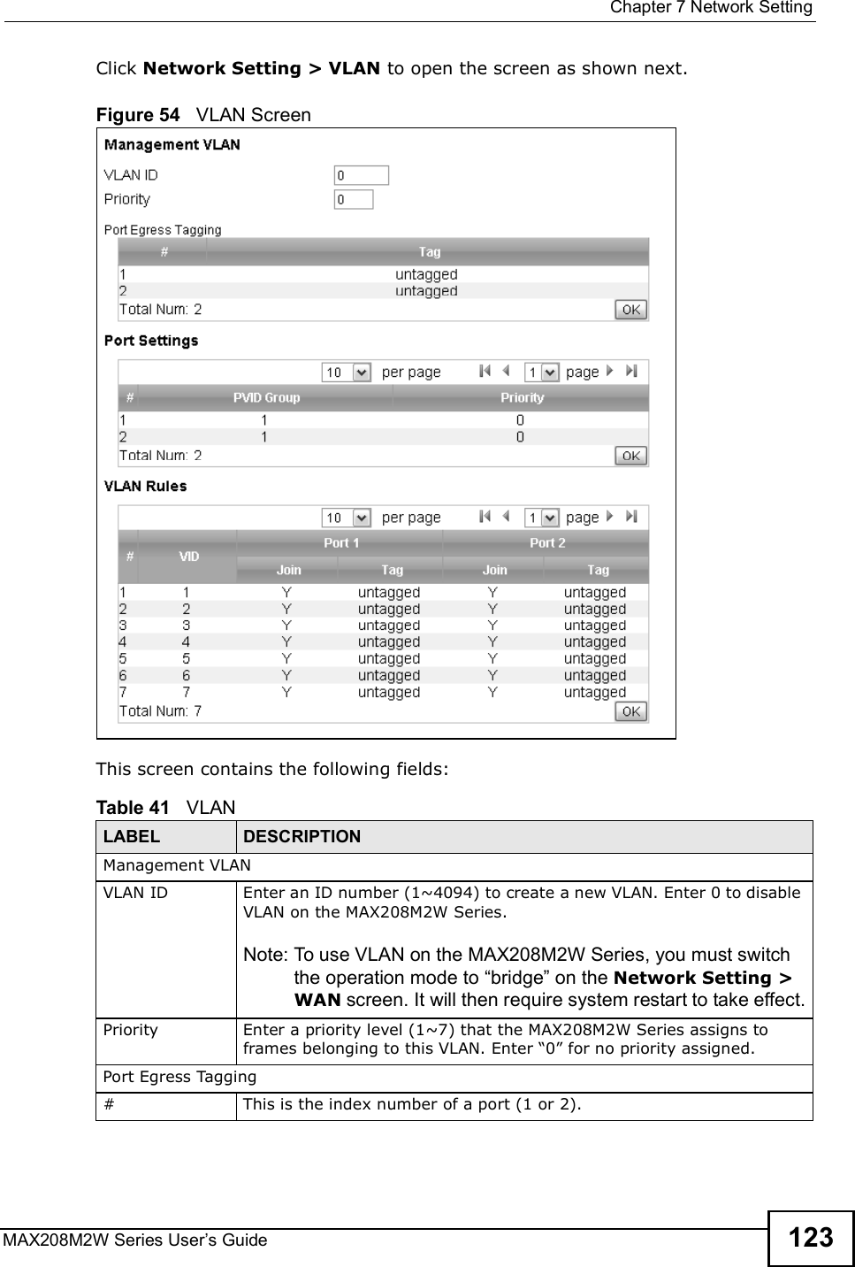  Chapter 7Network SettingMAX208M2W Series User s Guide 123Click Network Setting &gt; VLAN to open the screen as shown next.Figure 54   VLAN ScreenThis screen contains the following fields:Table 41   VLANLABEL DESCRIPTIONManagement VLANVLAN IDEnter an ID number (1~4094) to create a new VLAN. Enter 0 to disable VLAN on the MAX208M2W Series.Note: To use VLAN on the MAX208M2W Series, you must switch the operation mode to !bridge&quot; on the Network Setting &gt; WAN screen. It will then require system restart to take effect.PriorityEnter a priority level (1~7) that the MAX208M2W Series assigns to frames belonging to this VLAN. Enter &quot;0# for no priority assigned.Port Egress Tagging#This is the index number of a port (1 or 2).