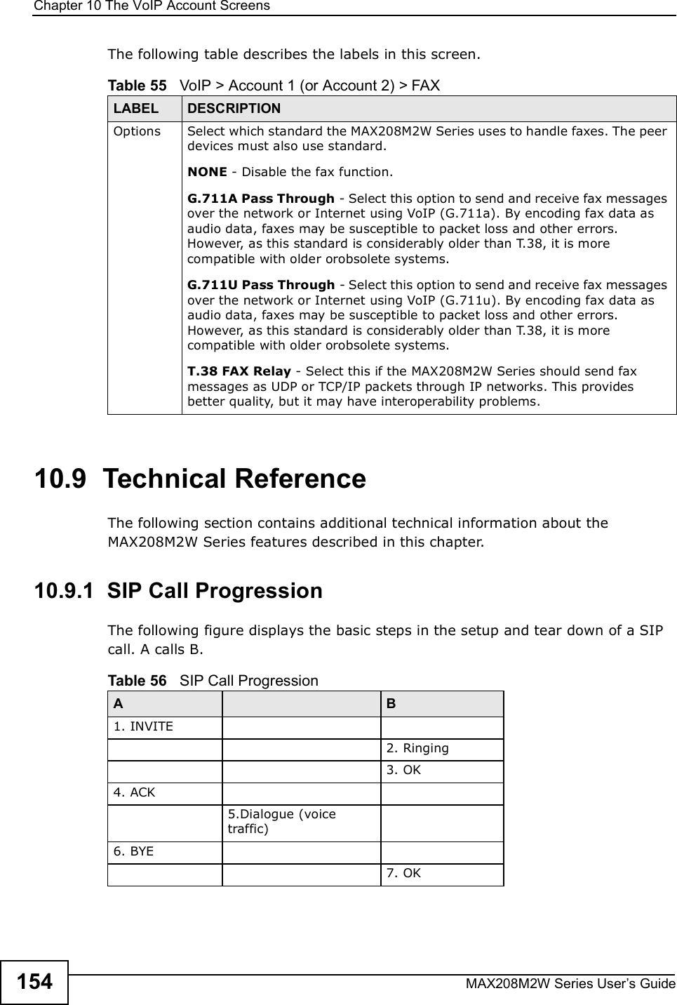 Chapter 10The VoIP Account ScreensMAX208M2W Series User s Guide154The following table describes the labels in this screen.10.9  Technical ReferenceThe following section contains additional technical information about the MAX208M2W Series features described in this chapter.10.9.1  SIP Call ProgressionThe following figure displays the basic steps in the setup and tear down of a SIP call. A calls B. Table 55   VoIP &gt; Account 1 (or Account 2) &gt; FAXLABEL DESCRIPTIONOptions Select which standard the MAX208M2W Series uses to handle faxes. The peer devices must also use standard.NONE - Disable the fax function.G.711A Pass Through - Select this option to send and receive fax messages over the network or Internet using VoIP (G.711a). By encoding fax data as audio data, faxes may be susceptible to packet loss and other errors. However, as this standard is considerably older than T.38, it is more compatible with older orobsolete systems.G.711U Pass Through - Select this option to send and receive fax messages over the network or Internet using VoIP (G.711u). By encoding fax data as audio data, faxes may be susceptible to packet loss and other errors. However, as this standard is considerably older than T.38, it is more compatible with older orobsolete systems.T.38 FAX Relay - Select this if the MAX208M2W Series should send fax messages as UDP or TCP/IP packets through IP networks. This provides better quality, but it may have interoperability problems.Table 56   SIP Call ProgressionA B1. INVITE2. Ringing3. OK4. ACK 5.Dialogue (voice traffic)6. BYE7. OK