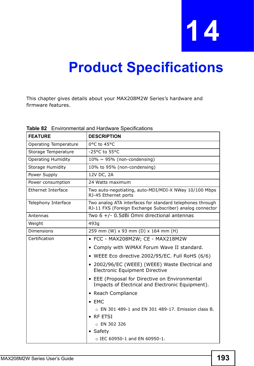 MAX208M2W Series User s Guide 193CHAPTER  14 Product SpecificationsThis chapter gives details about your MAX208M2W Series s hardware and firmware features.                     Table 82   Environmental and Hardware SpecificationsFEATUREDESCRIPTIONOperating Temperature0°C to 45°CStorage Temperature-25°C to 55°COperating Humidity10% ~ 95% (non-condensing)Storage Humidity 10% to 95% (non-condensing)Power Supply12V DC, 2APower consumption24 Watts maximumEthernet InterfaceTwo auto-negotiating, auto-MDI/MDI-X NWay 10/100 Mbps RJ-45 Ethernet portsTelephony InterfaceTwo analog ATA interfaces for standard telephones through RJ-11 FXS (Foreign Exchange Subscriber) analog connectorAntennasTwo 6 +/- 0.5dBi Omni directional antennasWeight493gDimensions259 mm (W) x 93 mm (D) x 164 mm (H)Certification !FCC - MAX208M2W; CE - MAX218M2W!Comply with WiMAX Forum Wave II standard.!WEEE Eco directive 2002/95/EC. Full RoHS (6/6)!2002/96/EC (WEEE) (WEEE) Waste Electrical and Electronic Equipment Directive!EEE (Proposal for Directive on Environmental Impacts of Electrical and Electronic Equipment).!Reach Compliance!EMCo EN 301 489-1 and EN 301 489-17. Emission class B.!RF ETSIo EN 302 326!Safetyo IEC 60950-1 and EN 60950-1.