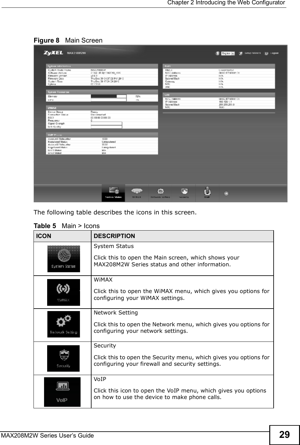  Chapter 2Introducing the Web ConfiguratorMAX208M2W Series User s Guide 29Figure 8   Main ScreenThe following table describes the icons in this screen.Table 5   Main &gt; IconsICON DESCRIPTIONSystem StatusClick this to open the Main screen, which shows your MAX208M2W Series status and other information.WiMAXClick this to open the WiMAX menu, which gives you options for configuring your WiMAX settings.Network SettingClick this to open the Network menu, which gives you options for configuring your network settings.SecurityClick this to open the Security menu, which gives you options for configuring your firewall and security settings.VoIPClick this icon to open the VoIP menu, which gives you options  on how to use the device to make phone calls.