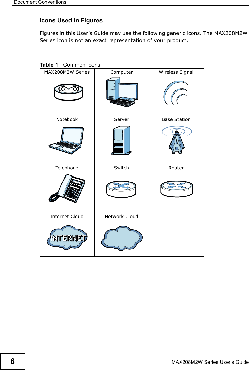 Document ConventionsMAX208M2W Series User s Guide6Icons Used in FiguresFigures in this User s Guide may use the following generic icons. The MAX208M2W Series icon is not an exact representation of your product.Table 1   Common IconsMAX208M2W Series ComputerWireless SignalNotebookServerBase StationTelephoneSwitchRouterInternet CloudNetwork Cloud