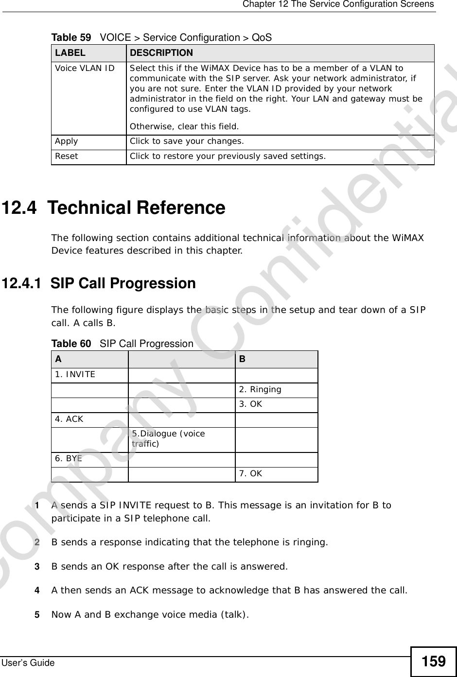  Chapter 12The Service Configuration ScreensUser’s Guide 15912.4  Technical ReferenceThe following section contains additional technical information about the WiMAX Device features described in this chapter.12.4.1  SIP Call ProgressionThe following figure displays the basic steps in the setup and tear down of a SIP call. A calls B. 1A sends a SIP INVITE request to B. This message is an invitation for B to participate in a SIP telephone call. 2B sends a response indicating that the telephone is ringing.3B sends an OK response after the call is answered. 4A then sends an ACK message to acknowledge that B has answered the call. 5Now A and B exchange voice media (talk). Voice VLAN IDSelect this if the WiMAX Device has to be a member of a VLAN to communicate with the SIP server. Ask your network administrator, if you are not sure. Enter the VLAN ID provided by your network administrator in the field on the right. Your LAN and gateway must be configured to use VLAN tags.Otherwise, clear this field.Apply Click to save your changes.Reset Click to restore your previously saved settings.Table 59   VOICE &gt; Service Configuration &gt; QoSLABEL DESCRIPTIONTable 60   SIP Call ProgressionA B1. INVITE2. Ringing3. OK4. ACK 5.Dialogue (voice traffic)6. BYE7. OKCompany Confidential