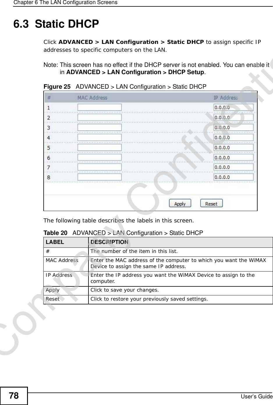 Chapter 6The LAN Configuration ScreensUser’s Guide786.3  Static DHCPClick ADVANCED &gt; LAN Configuration &gt; Static DHCP to assign specific IP addresses to specific computers on the LAN.Note: This screen has no effect if the DHCP server is not enabled. You can enable it in ADVANCED &gt; LAN Configuration &gt; DHCP Setup.Figure 25   ADVANCED &gt; LAN Configuration &gt; Static DHCPThe following table describes the labels in this screen. Table 20   ADVANCED &gt; LAN Configuration &gt; Static DHCPLABEL DESCRIPTION#The number of the item in this list.MAC Address Enter the MAC address of the computer to which you want the WiMAX Device to assign the same IP address.IP Address Enter the IP address you want the WiMAX Device to assign to the computer.Apply Click to save your changes.Reset Click to restore your previously saved settings.Company Confidential