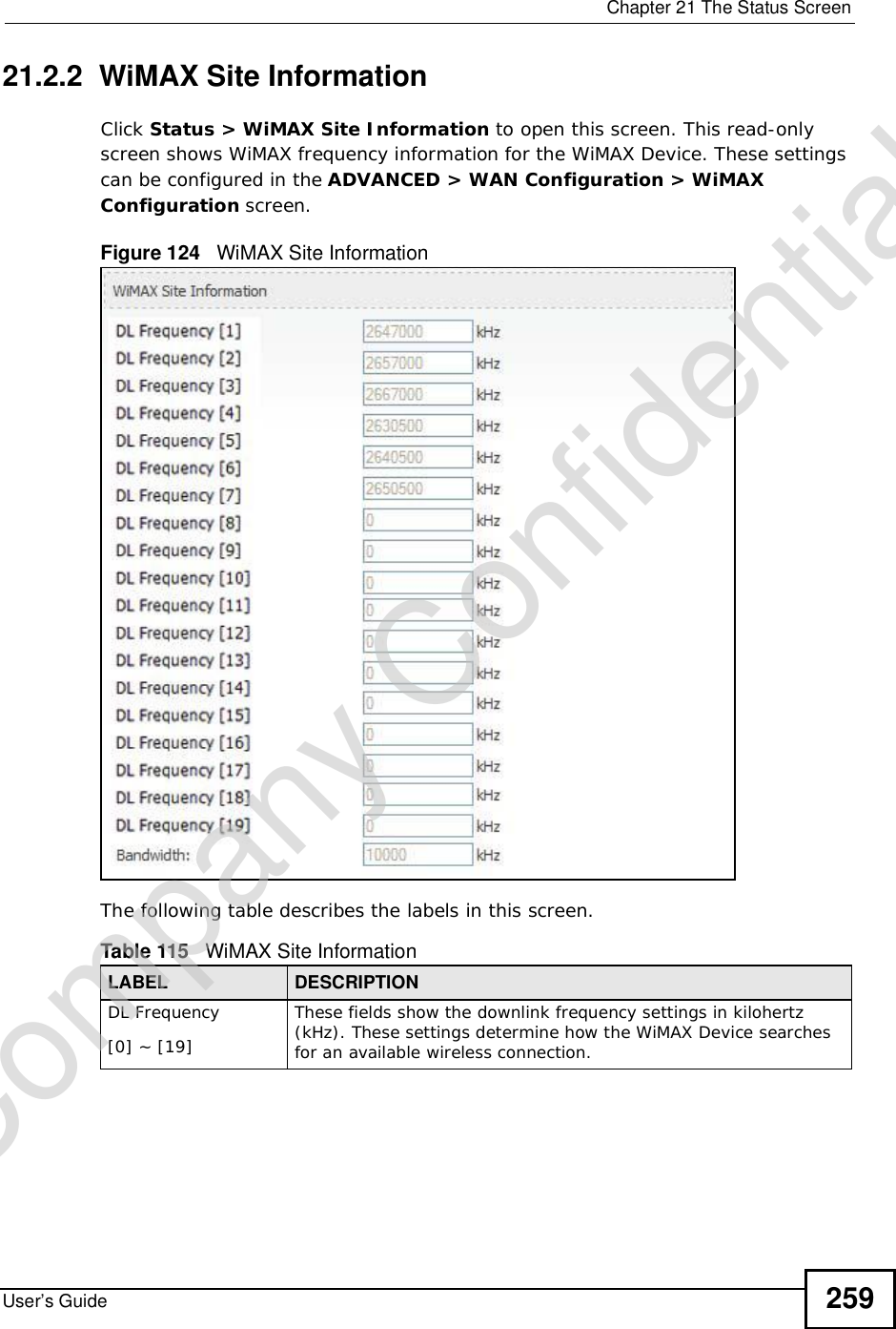  Chapter 21The Status ScreenUser’s Guide 25921.2.2  WiMAX Site InformationClick Status &gt; WiMAX Site Information to open this screen. This read-only screen shows WiMAX frequency information for the WiMAX Device. These settings can be configured in the ADVANCED &gt; WAN Configuration &gt; WiMAX Configuration screen.Figure 124   WiMAX Site Information The following table describes the labels in this screen. Table 115   WiMAX Site InformationLABEL DESCRIPTIONDL Frequency[0] ~ [19]These fields show the downlink frequency settings in kilohertz (kHz). These settings determine how the WiMAX Device searches for an available wireless connection.Company Confidential