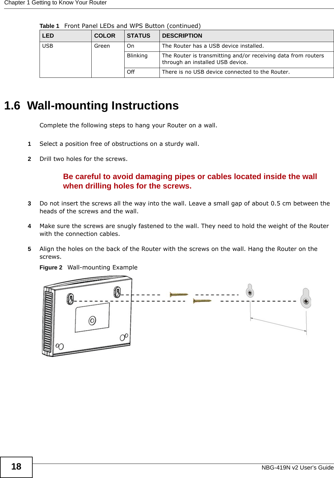 Chapter 1 Getting to Know Your RouterNBG-419N v2 User’s Guide181.6  Wall-mounting InstructionsComplete the following steps to hang your Router on a wall.1Select a position free of obstructions on a sturdy wall. 2Drill two holes for the screws. Be careful to avoid damaging pipes or cables located inside the wall when drilling holes for the screws.3Do not insert the screws all the way into the wall. Leave a small gap of about 0.5 cm between the heads of the screws and the wall. 4Make sure the screws are snugly fastened to the wall. They need to hold the weight of the Router with the connection cables. 5Align the holes on the back of the Router with the screws on the wall. Hang the Router on the screws.Figure 2   Wall-mounting ExampleUSB Green On The Router has a USB device installed.Blinking The Router is transmitting and/or receiving data from routers through an installed USB device.Off There is no USB device connected to the Router.Table 1   Front Panel LEDs and WPS Button (continued)LED COLOR STATUS DESCRIPTION