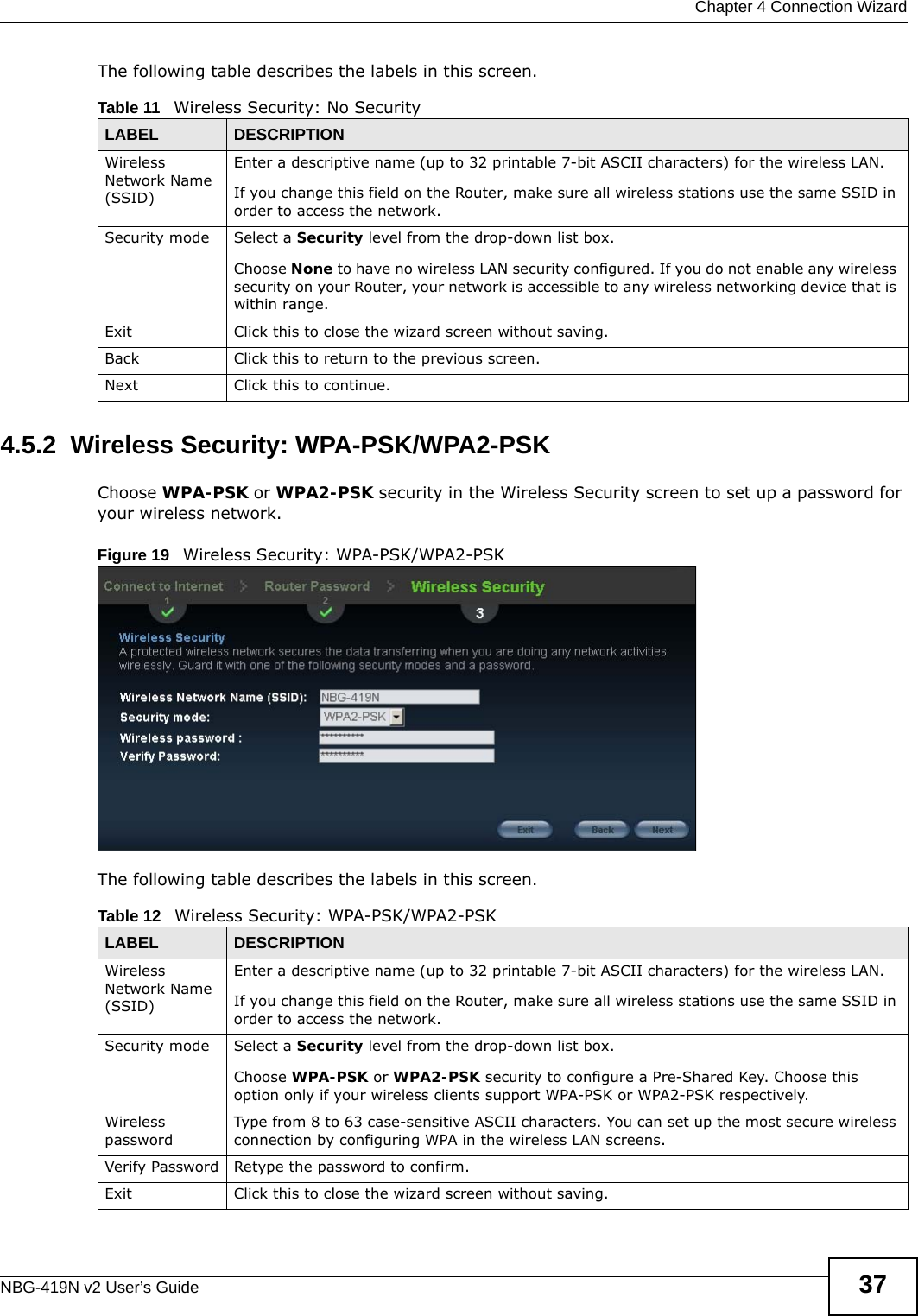  Chapter 4 Connection WizardNBG-419N v2 User’s Guide 37The following table describes the labels in this screen.4.5.2  Wireless Security: WPA-PSK/WPA2-PSKChoose WPA-PSK or WPA2-PSK security in the Wireless Security screen to set up a password for your wireless network.Figure 19   Wireless Security: WPA-PSK/WPA2-PSKThe following table describes the labels in this screen. Table 11   Wireless Security: No SecurityLABEL DESCRIPTIONWireless Network Name (SSID)Enter a descriptive name (up to 32 printable 7-bit ASCII characters) for the wireless LAN. If you change this field on the Router, make sure all wireless stations use the same SSID in order to access the network. Security mode Select a Security level from the drop-down list box. Choose None to have no wireless LAN security configured. If you do not enable any wireless security on your Router, your network is accessible to any wireless networking device that is within range. Exit Click this to close the wizard screen without saving.Back Click this to return to the previous screen.Next Click this to continue. Table 12   Wireless Security: WPA-PSK/WPA2-PSKLABEL DESCRIPTIONWireless Network Name (SSID)Enter a descriptive name (up to 32 printable 7-bit ASCII characters) for the wireless LAN. If you change this field on the Router, make sure all wireless stations use the same SSID in order to access the network. Security mode Select a Security level from the drop-down list box.Choose WPA-PSK or WPA2-PSK security to configure a Pre-Shared Key. Choose this option only if your wireless clients support WPA-PSK or WPA2-PSK respectively.Wireless passwordType from 8 to 63 case-sensitive ASCII characters. You can set up the most secure wireless connection by configuring WPA in the wireless LAN screens.Verify Password Retype the password to confirm.Exit Click this to close the wizard screen without saving.