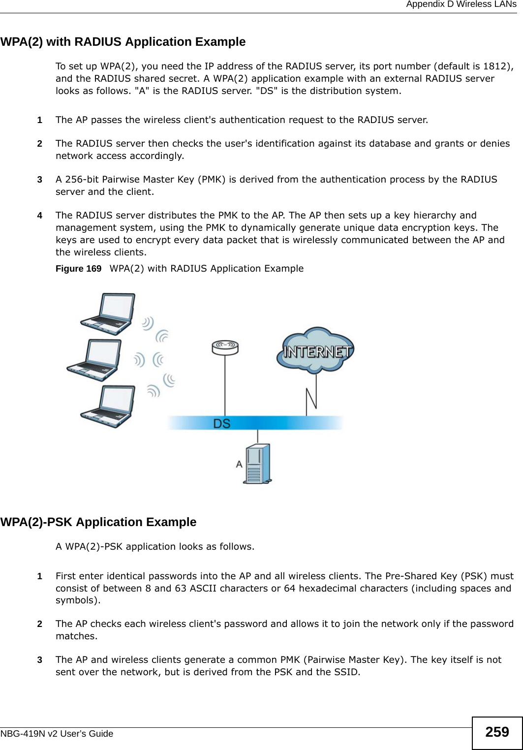  Appendix D Wireless LANsNBG-419N v2 User’s Guide 259WPA(2) with RADIUS Application ExampleTo set up WPA(2), you need the IP address of the RADIUS server, its port number (default is 1812), and the RADIUS shared secret. A WPA(2) application example with an external RADIUS server looks as follows. &quot;A&quot; is the RADIUS server. &quot;DS&quot; is the distribution system.1The AP passes the wireless client&apos;s authentication request to the RADIUS server.2The RADIUS server then checks the user&apos;s identification against its database and grants or denies network access accordingly.3A 256-bit Pairwise Master Key (PMK) is derived from the authentication process by the RADIUS server and the client.4The RADIUS server distributes the PMK to the AP. The AP then sets up a key hierarchy and management system, using the PMK to dynamically generate unique data encryption keys. The keys are used to encrypt every data packet that is wirelessly communicated between the AP and the wireless clients.Figure 169   WPA(2) with RADIUS Application ExampleWPA(2)-PSK Application ExampleA WPA(2)-PSK application looks as follows.1First enter identical passwords into the AP and all wireless clients. The Pre-Shared Key (PSK) must consist of between 8 and 63 ASCII characters or 64 hexadecimal characters (including spaces and symbols).2The AP checks each wireless client&apos;s password and allows it to join the network only if the password matches.3The AP and wireless clients generate a common PMK (Pairwise Master Key). The key itself is not sent over the network, but is derived from the PSK and the SSID. 