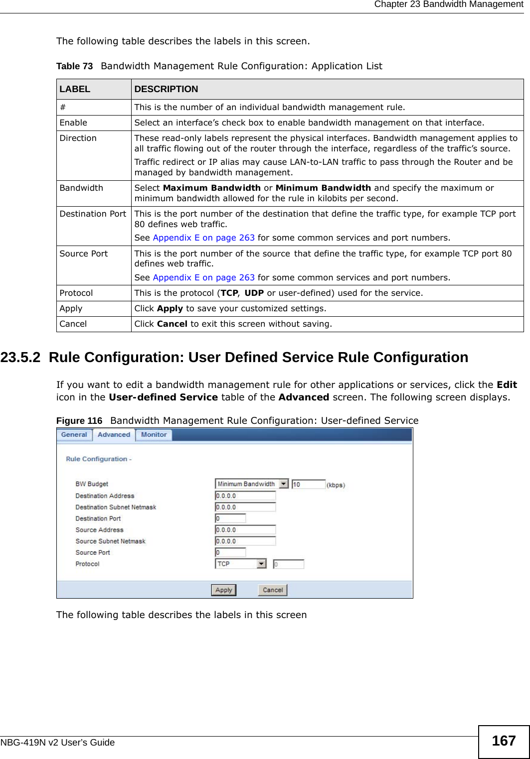  Chapter 23 Bandwidth ManagementNBG-419N v2 User’s Guide 167The following table describes the labels in this screen.23.5.2  Rule Configuration: User Defined Service Rule Configuration    If you want to edit a bandwidth management rule for other applications or services, click the Edit icon in the User-defined Service table of the Advanced screen. The following screen displays.Figure 116   Bandwidth Management Rule Configuration: User-defined Service The following table describes the labels in this screenTable 73   Bandwidth Management Rule Configuration: Application ListLABEL DESCRIPTION#This is the number of an individual bandwidth management rule.Enable Select an interface’s check box to enable bandwidth management on that interface. Direction  These read-only labels represent the physical interfaces. Bandwidth management applies to all traffic flowing out of the router through the interface, regardless of the traffic’s source.Traffic redirect or IP alias may cause LAN-to-LAN traffic to pass through the Router and be managed by bandwidth management.Bandwidth Select Maximum Bandwidth or Minimum Bandwidth and specify the maximum or minimum bandwidth allowed for the rule in kilobits per second. Destination Port This is the port number of the destination that define the traffic type, for example TCP port 80 defines web traffic.See Appendix E on page 263 for some common services and port numbers.Source Port This is the port number of the source that define the traffic type, for example TCP port 80 defines web traffic.See Appendix E on page 263 for some common services and port numbers.Protocol This is the protocol (TCP, UDP or user-defined) used for the service.Apply Click Apply to save your customized settings.Cancel Click Cancel to exit this screen without saving.