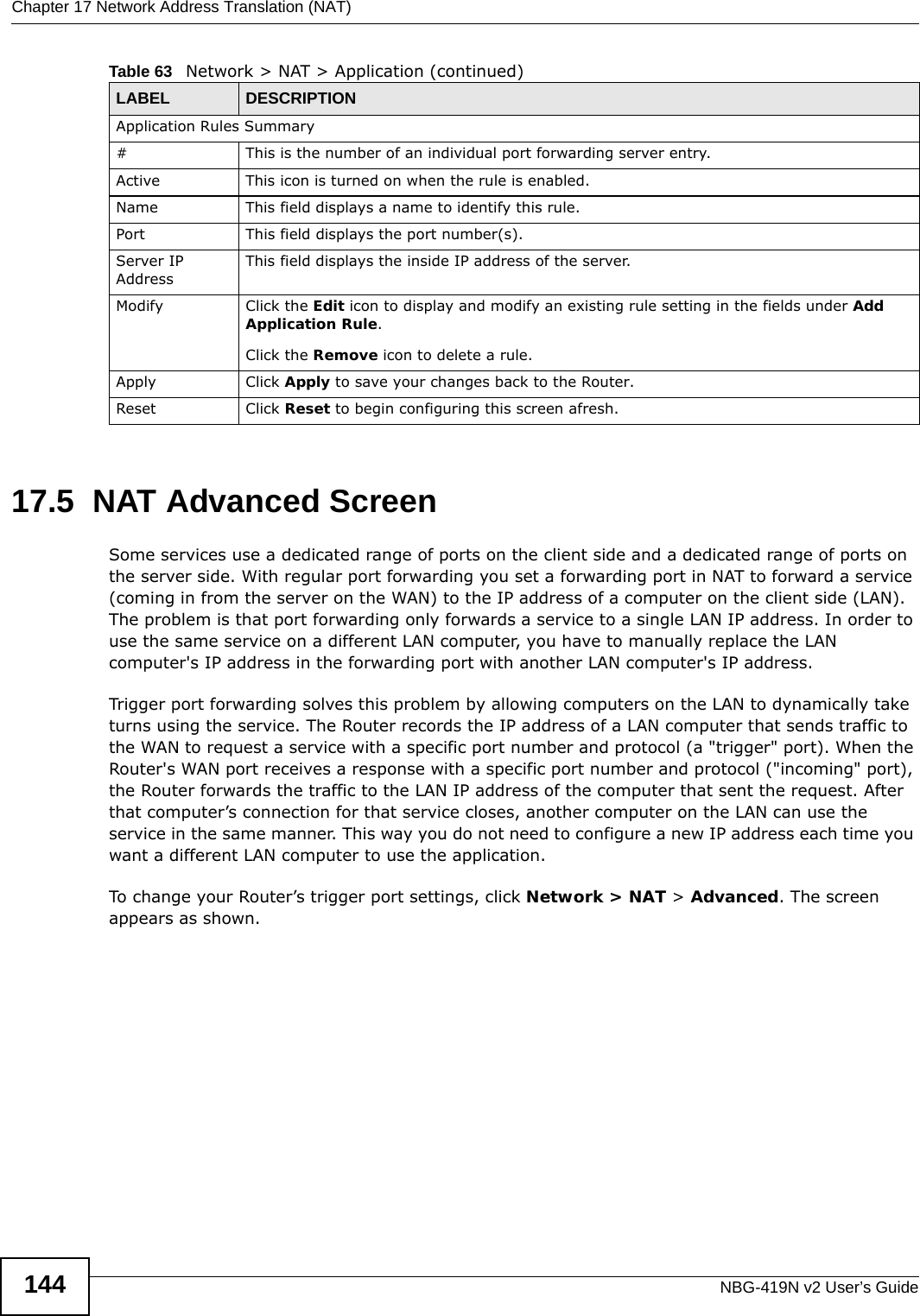 Chapter 17 Network Address Translation (NAT)NBG-419N v2 User’s Guide14417.5  NAT Advanced ScreenSome services use a dedicated range of ports on the client side and a dedicated range of ports on the server side. With regular port forwarding you set a forwarding port in NAT to forward a service (coming in from the server on the WAN) to the IP address of a computer on the client side (LAN). The problem is that port forwarding only forwards a service to a single LAN IP address. In order to use the same service on a different LAN computer, you have to manually replace the LAN computer&apos;s IP address in the forwarding port with another LAN computer&apos;s IP address. Trigger port forwarding solves this problem by allowing computers on the LAN to dynamically take turns using the service. The Router records the IP address of a LAN computer that sends traffic to the WAN to request a service with a specific port number and protocol (a &quot;trigger&quot; port). When the Router&apos;s WAN port receives a response with a specific port number and protocol (&quot;incoming&quot; port), the Router forwards the traffic to the LAN IP address of the computer that sent the request. After that computer’s connection for that service closes, another computer on the LAN can use the service in the same manner. This way you do not need to configure a new IP address each time you want a different LAN computer to use the application.To change your Router’s trigger port settings, click Network &gt; NAT &gt; Advanced. The screen appears as shown.Application Rules Summary#This is the number of an individual port forwarding server entry.Active This icon is turned on when the rule is enabled. Name This field displays a name to identify this rule.Port This field displays the port number(s). Server IP AddressThis field displays the inside IP address of the server.Modify Click the Edit icon to display and modify an existing rule setting in the fields under Add Application Rule. Click the Remove icon to delete a rule.Apply Click Apply to save your changes back to the Router.Reset Click Reset to begin configuring this screen afresh.Table 63   Network &gt; NAT &gt; Application (continued)LABEL DESCRIPTION