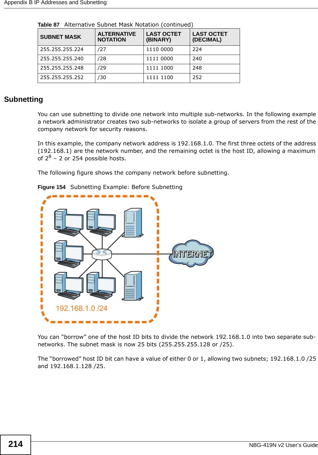 Appendix B IP Addresses and SubnettingNBG-419N v2 User’s Guide214SubnettingYou can use subnetting to divide one network into multiple sub-networks. In the following example a network administrator creates two sub-networks to isolate a group of servers from the rest of the company network for security reasons.In this example, the company network address is 192.168.1.0. The first three octets of the address (192.168.1) are the network number, and the remaining octet is the host ID, allowing a maximum of 28 – 2 or 254 possible hosts.The following figure shows the company network before subnetting.  Figure 154   Subnetting Example: Before SubnettingYou can “borrow” one of the host ID bits to divide the network 192.168.1.0 into two separate sub-networks. The subnet mask is now 25 bits (255.255.255.128 or /25).The “borrowed” host ID bit can have a value of either 0 or 1, allowing two subnets; 192.168.1.0 /25 and 192.168.1.128 /25. 255.255.255.224 /27 1110 0000 224255.255.255.240 /28 1111 0000 240255.255.255.248 /29 1111 1000 248255.255.255.252 /30 1111 1100 252Table 87   Alternative Subnet Mask Notation (continued)SUBNET MASK ALTERNATIVE NOTATION LAST OCTET (BINARY) LAST OCTET (DECIMAL)